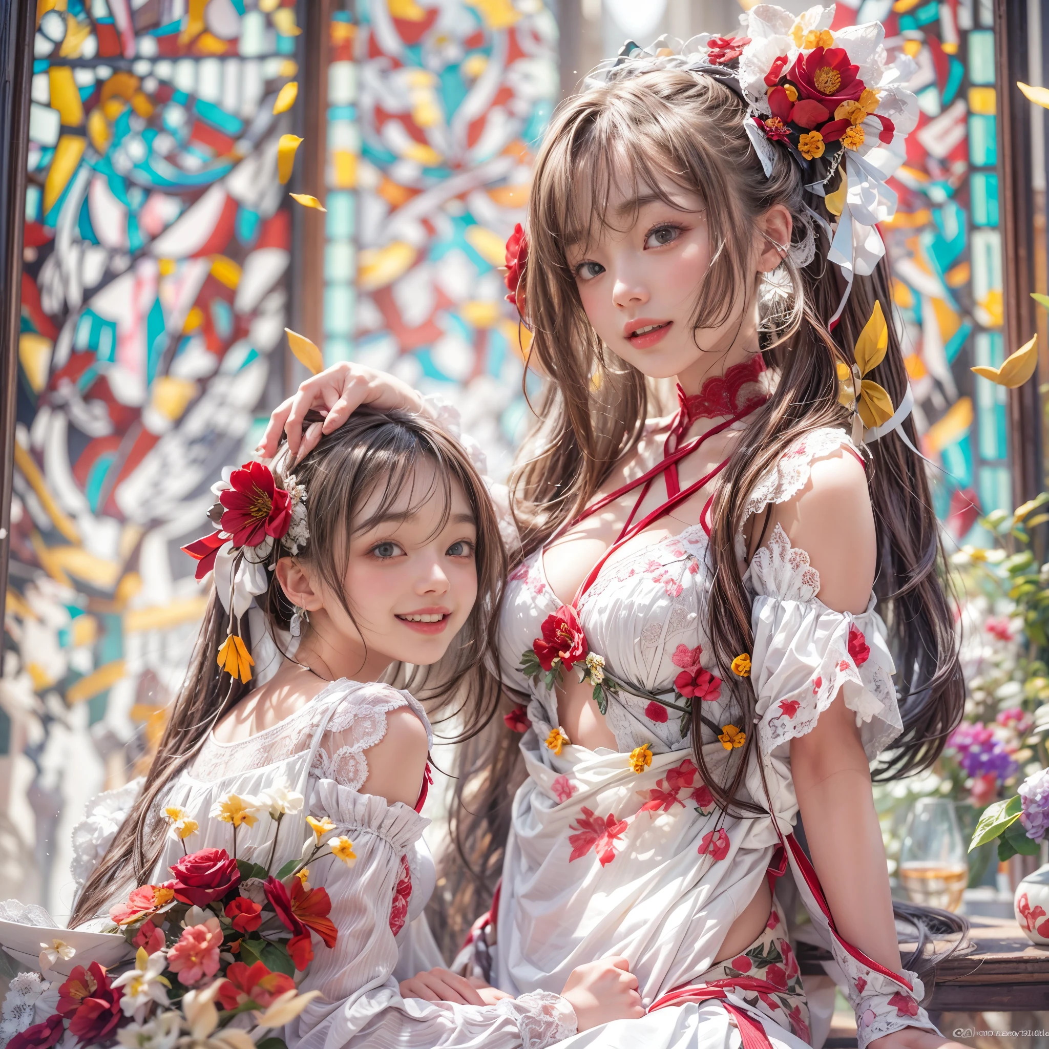 (SFW, White and Red, masterpiece:1.2, Exposed:1.2), (nipple:-0.9), (Acutance:0.8), (many sexy junior idols in group photograph), ((Extremely Detailed KAWAII face variations, joyful expression variations)), { Navel | pretty Ass | Overflowing sideboob | (Delicate lace knitted white wear) | full of Flowers covering girl's body | (Colorful Light shines from Dazzling and delicate stained glass:1.2) }. ( ultra-detailed, realistic, (photorealistic:1.37) with a touch of rawness). { under the mesmerizing back lighting | concept art | enhancing the overall visual impact }. (not Detailed fingers:-0.9) .