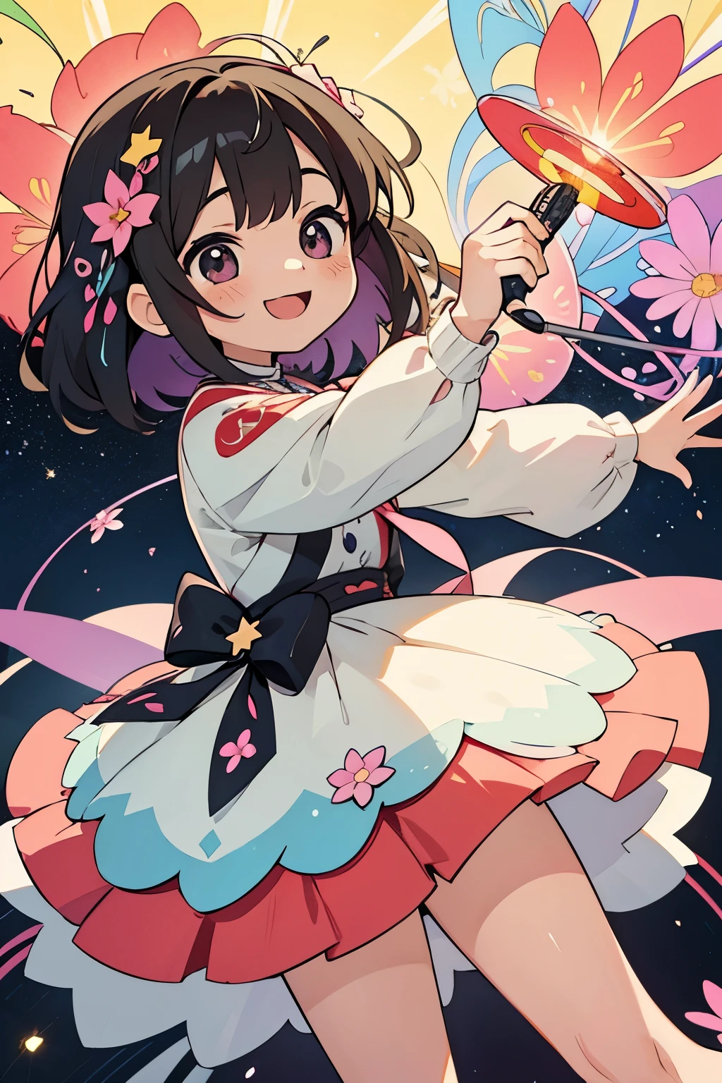 Extremely detailed,(Fractal Art:1.1),(Colorful:1.1)(Flowers:1.3)、 (Dynamic Pose), (Abstract background:1.3)、(Many colors:1.4)、Place one small doll on a circular stand、kawaii pose、A smile、A dark-haired、Chibi Doll、Stars in the eyes(kirakira)、Singing with microphone in hand、Eye Up、Laugh、Cute red shoes、Ultra Detail, radiant light、bio luminescent、Stronger bokeh effect、Taken from the side