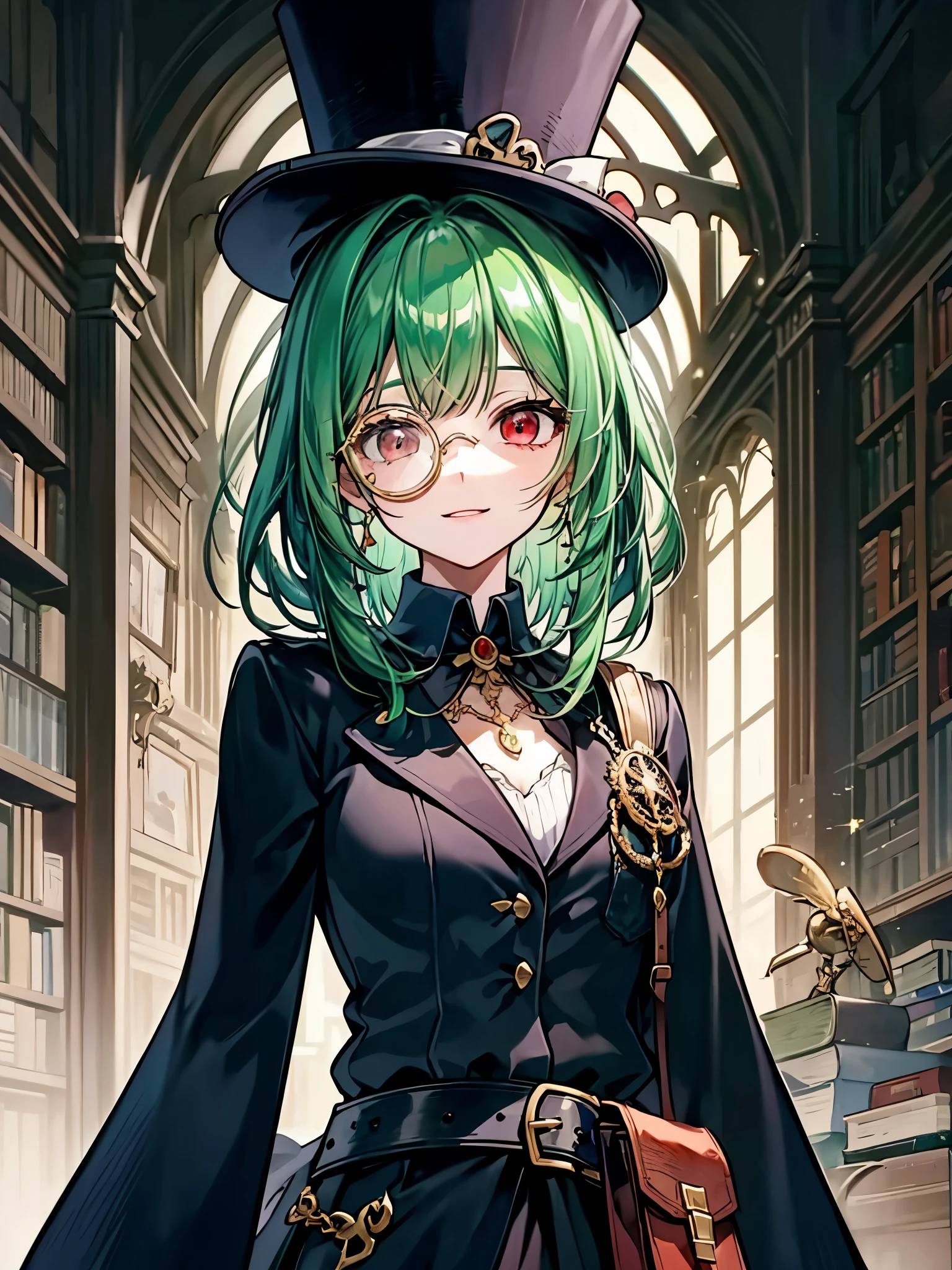 （（（masterpiece、Highest image quality、highest quality、highly detailed unity 8ｋwallpaper）））、（（Illustration of one girl、upper body））、（（（beautiful girl）））、（librarian）、（Emerald green hair、messy hair、sidelocks：1.2、red eyes、crazy smile）、（（（flat chest）））、（（（monocle）））、pocket watch、（（（Black top hat、Black tuxedo、belt）））、great medieval library、Large amount of books、dimly lit room