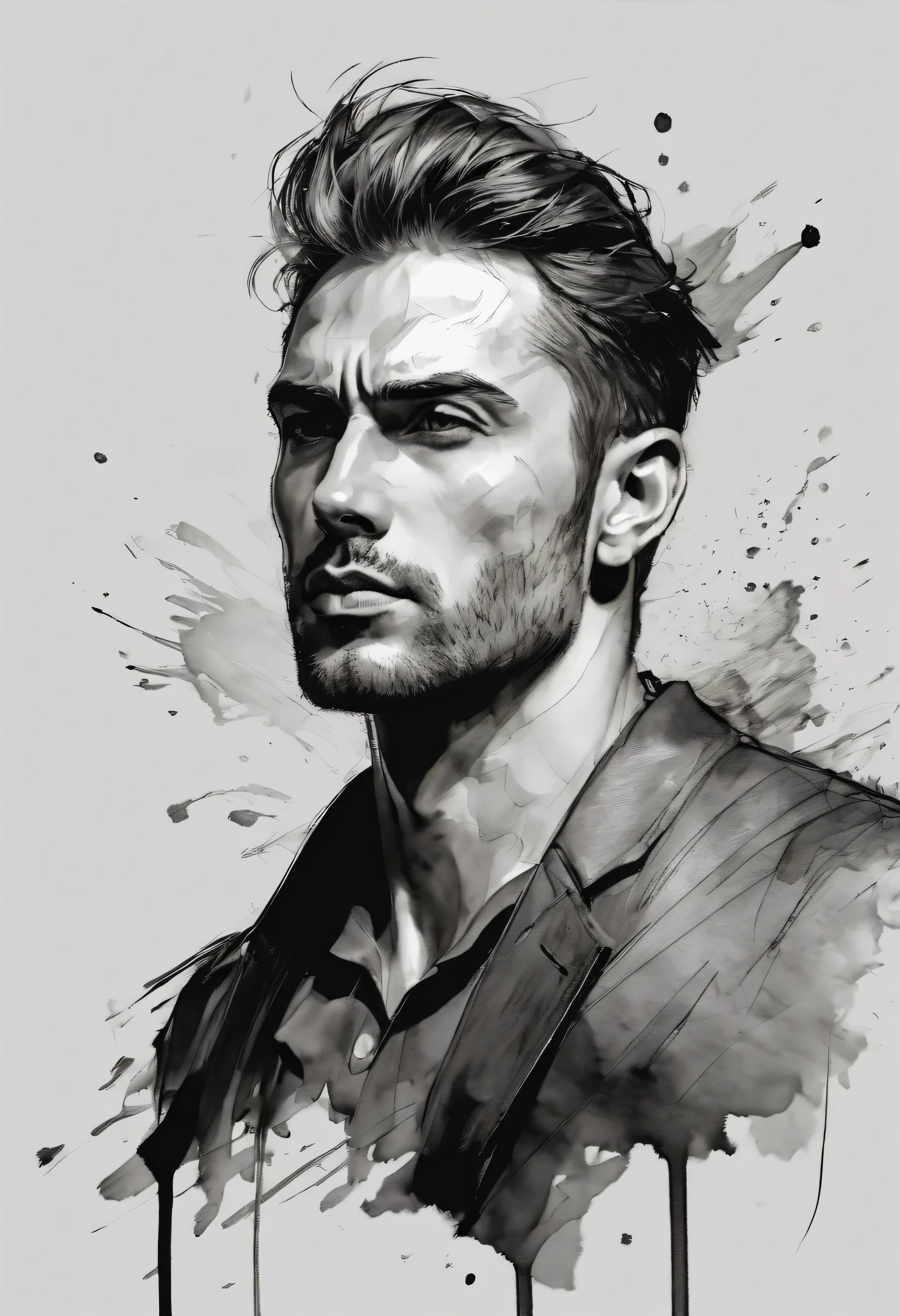 (((ink,sketch,Rapidly,Clean))),exaggerated expression,handsome man character,(((ink,soil,Line outline,ink stain,ink stain)))