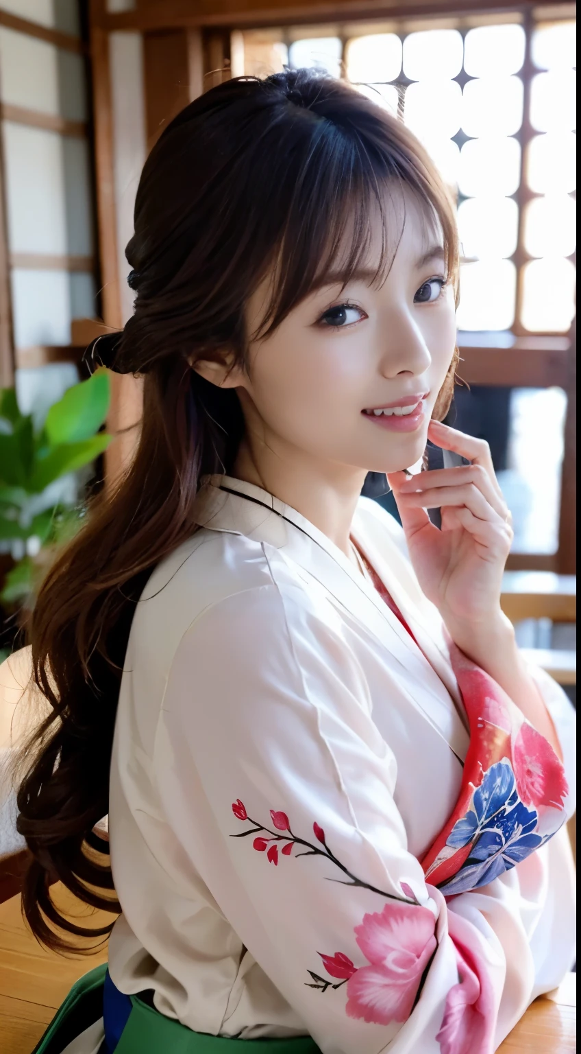 (((A beautiful woman wearing a long-sleeved kimono and drinking tea with a teacup in both hands at a teahouse at a shrine))),(((A gravure idol who looks good in Japanese clothes is sitting on a chair at a coffee shop..))),(((table top:1.6))),(((Ulzzang-6500))),(((perfect anatomy:1.6))),(((Deep depth of field with Hasselblad))),(((sexy waist))),masterpiece,highest quality,Super high resolution,high detailed portrait,(photo-realistic:1.4),(((A tall nose and a beautiful face))),(((long limbs like a model))),The fair-skinned nape of the neck is dazzling,(((Wear formal Japanese clothing that shows off your body line beautifully.))),Raise your chin and drink tea,((Full body shooting from the side)),cute 20 year old, Her long glossy chestnut hair is tied up and the nape of her neck is sexy..,((Proud F cup breasts )),(can&#39;my waistline is not enough),(famous popular japanese actress),(look over your shoulder、Smile by raising the corners of your mouth and eyebrows),detailed eye,((wood々Gravure photo shoot at an elegant shrine with lush greenery)),((long eyelashes,Big eyes,Clear double eyelids,((glossy thick lips)),(((perfect anatomy:1.4))),