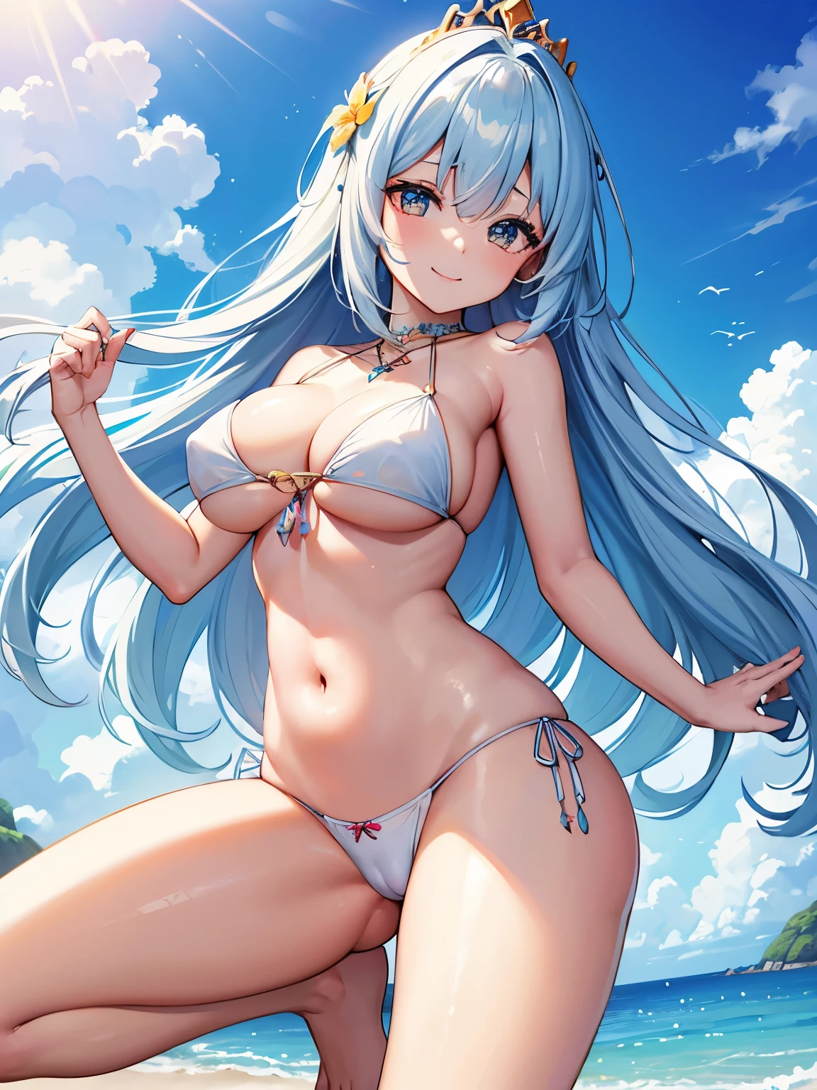 (best quality,4k,8k,highres,masterpiece:1.2),ultra-detailed,beautiful,sea queen,beach,sun,colorful bikini,crown,soft sand,sparkling water,gentle waves,tropical paradise,vibrant colors,warm sunlight,lovely smile,long flowing hair,graceful pose,playful atmosphere,exquisite details,serene expression,perfectly tanned skin,summer vibes,snowwhite skin,ethereal beauty,majestic presence,lithe figure,joyful mood,endless horizon,crystal-clear skies,beaming rays of sunlight,splendid queenly aura,lively beach activities,seashells,footprints in the sand,happy beachgoers,enchanting scenery,dreamy summer day,beauty and grace in harmony.Summer Queen、sandy beach、sun、colorfulなビキニ、crown(masterpiece, highest quality, highest quality, official art, beautiful and aesthetic:1.2), (1 girl), very detailed目, (fractal art:1.3), colorful, most detailed, (perfect face), shiny skin, HDR, striking visuals, (dynamic streaks, Path of Light:1.2), bright colors,((巨大なtits、tits、cleavage、Erect nipples are clearly visible、erotic face、Open your legs to emphasize your pants、thighs)) 、highest quality,In 4K,8K,High resolution,debris flies:1.2,Super detailed,reality:1.37, ticker,ticker,studio lighting,Ultra-fine painting,titsのシャープなフォーカス,Physically based rendering,extreme details,Professional specifications,Vividness and color、view from below,Have sex from before,masterpiece,Showing off her perfect and erotic white thong panties in Fulco)),((lewd panties))、美しいthighs、Low - Angle:1.4、highest quality, very detailed,Beautiful smile、big breasts、adultery、camel toe、
