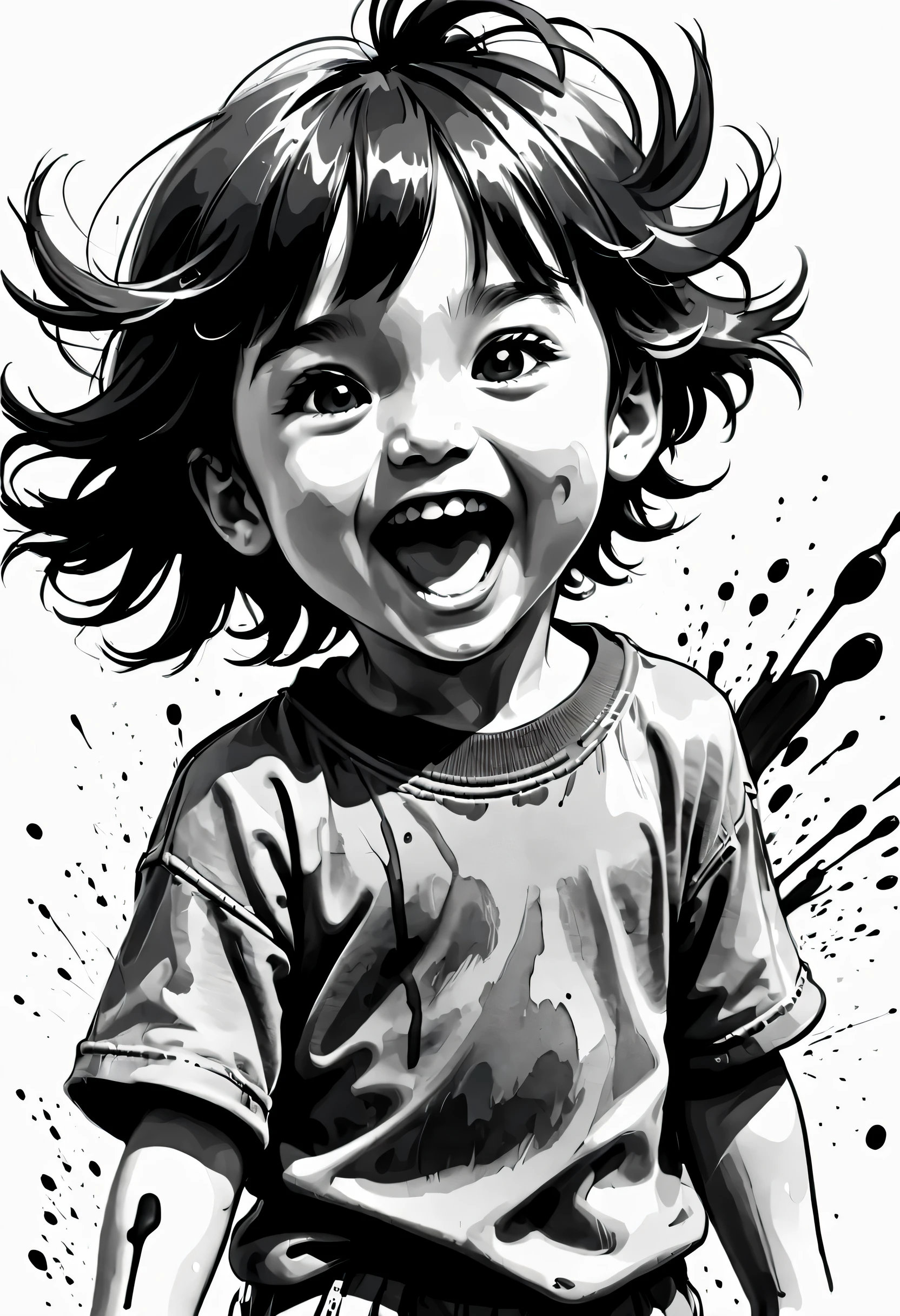 （（（ink，sketch，Rapidly，impressionistic，Clean））），exaggerated expression，Happy kids，（（（ink，soil，Line outline，ink stain，ink stain）））