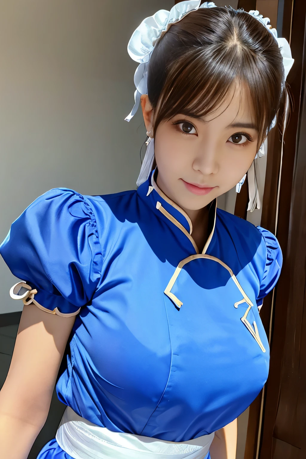 masterpiece、1 beautiful girl、fine eyes、puffy eyes、highest quality, 超High resolution, (reality: 1.4), movie lighting、Japanese、asian beauty、Korean、super beautiful、beautiful skin、body facing forward、close up of face、(超reality的な)、(High resolution)、(8K)、(very detailed)、(美しくfine eyes)、(Super detailed)、 (wall-)、detailed face、bright lighting、professional lighting、looking at the viewer、look straight ahead、slanted bangs、Nogizaka idol、korean idol、masterpiece, highest quality, masterpiece, highest quality, perfect face, perfect brown eyes with white sclera, Bad hands-5, alone, 1 girl, Upper body, brown hair, From SF2, Chinese service, smile, muscular woman, blue clothes, pantyhose, pelvic curtain, Puffy short sleeves, bun cover, sash, evaluation:Safety