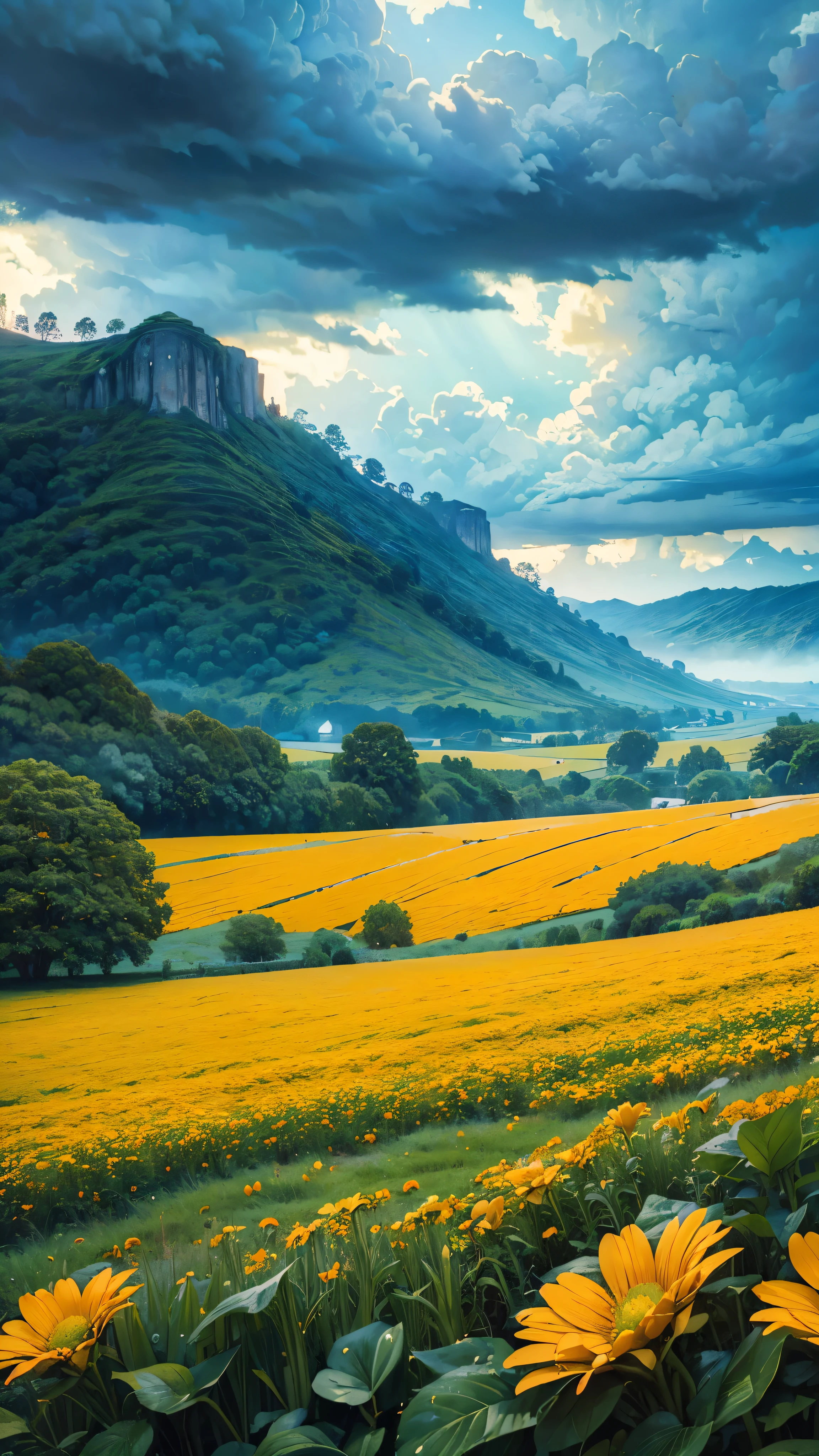 ((masterpiece:1.4), extreamly detailed, best quality, 8k, ultra hd), huge orange flower field, light blue sky, dark blue skies, stormy weather, calm atmosphere, green hills on the background, raindrops n the leaves, authentic, renessanse picture