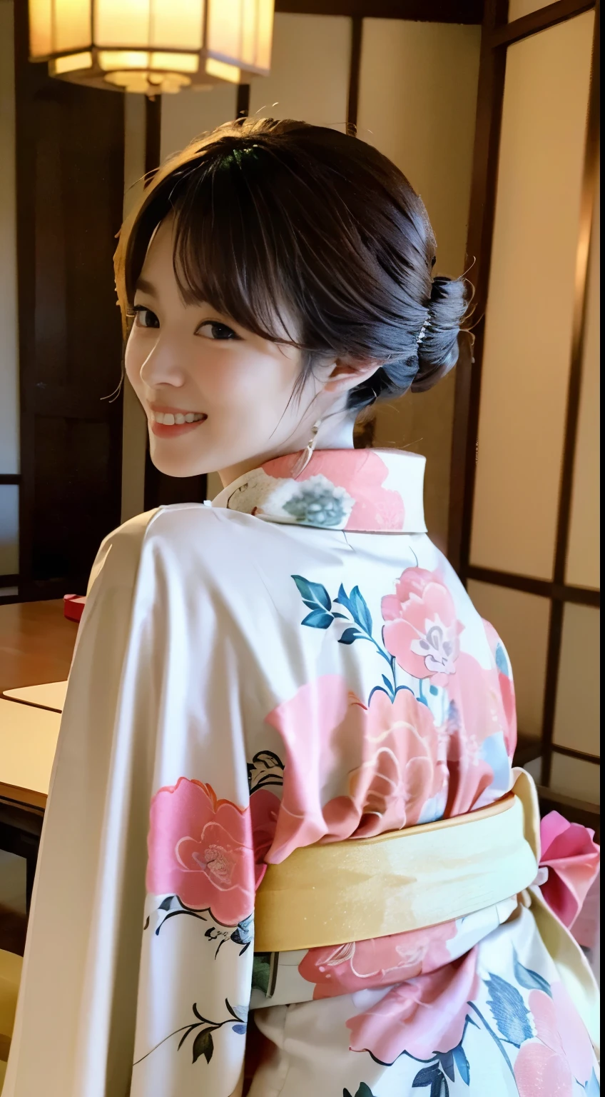 (((The young proprietress of a long-established inn wears traditional Japanese kimono and greets guests with an elegant appearance, smiling as she squats down with her knees together to pick up scraps of paper.))),(((Japanese clothes look good))),(((table top:1.6))),(((Ulzzang-6500))),(((perfect anatomy:1.6))),(((Deep depth of field with Hasselblad))),masterpiece,highest quality,Super high resolution,Highly detailed full body portrait from behind,(photo-realistic:1.4),(((A tall nose and a beautiful face))),(((long limbs like a model))),The fair-skinned nape of the neck is dazzling,(((wearing a beautiful kimono))),