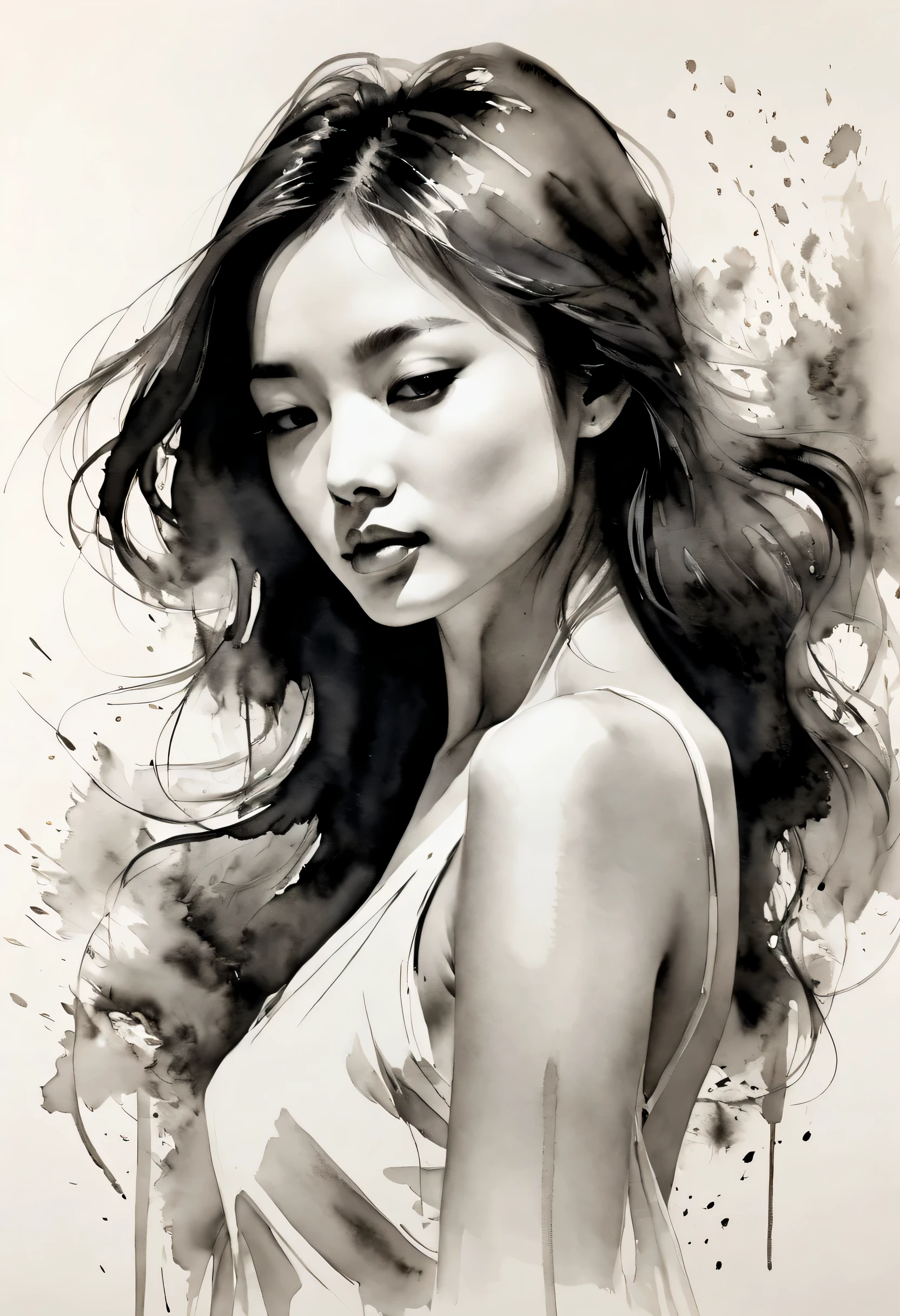 girl，ink painting，Loose brushstrokes，Pen outlines delicate lines，Smooth movements，Subtle ink tones，elegant gesture，calm expression，Exquisite facial features，black and white，Clean