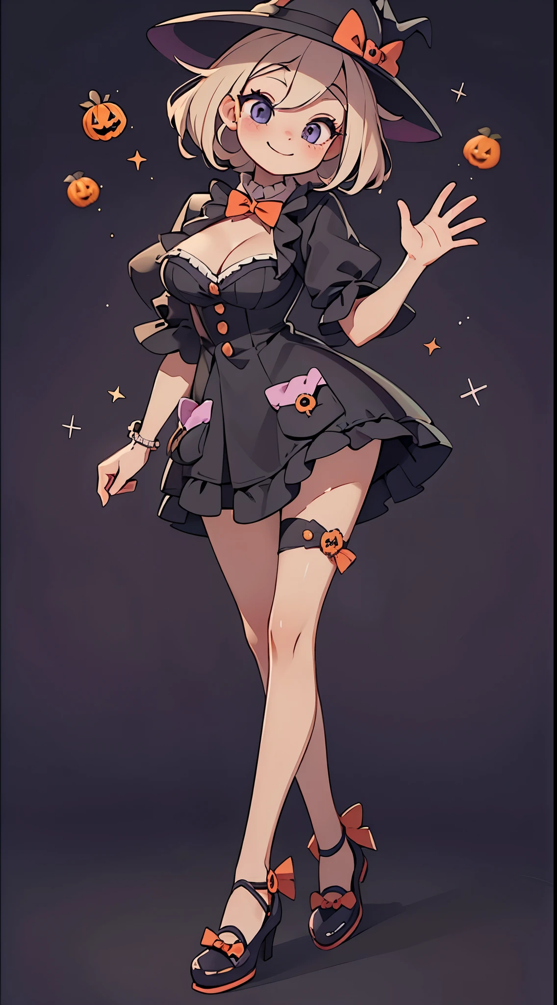 Cute Halloween Theme、full body Esbian、Eye Up、A smile、 wave her hand、Glamorous Hat、Halloween Accessories、Draw clothes buttons and pockets in a Halloween style、Cute shoes、breasts are large