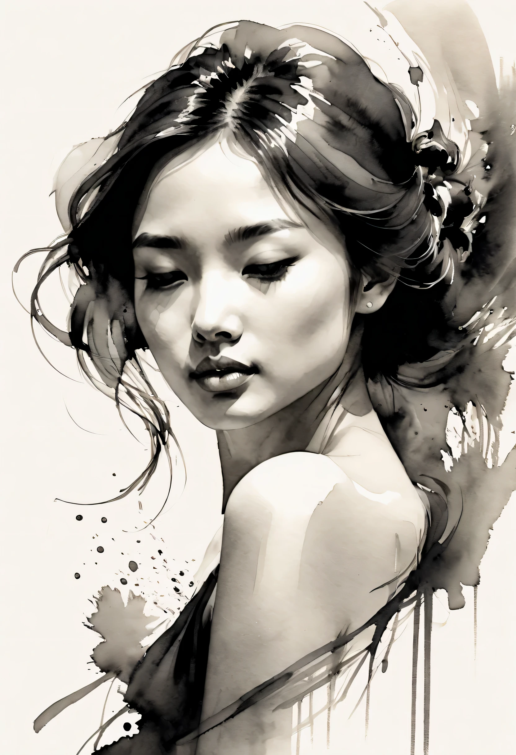 girl，ink painting，Loose brushstrokes，Pen outlines delicate lines，Smooth movements，Subtle ink tones，elegant gesture，calm expression，Exquisite facial features，black and white，Clean
