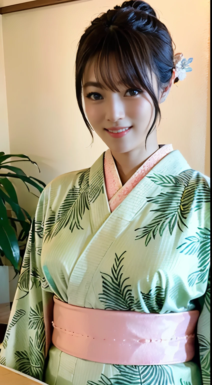 (((The young proprietress of a long-established inn greets guests at the entrance with an elegant appearance wearing traditional Japanese kimono.))),(((Japanese clothes look good))),(((table top:1.6))),(((Ulzzang-6500))),(((perfect anatomy:1.6))),(((Deep depth of field with Hasselblad))),masterpiece,highest quality,Super high resolution,high detailed portrait,(photo-realistic:1.4),(((A tall nose and a beautiful face))),(((long limbs like a model))),The fair-skinned nape of the neck is dazzling,(((wearing a beautiful kimono))),Tuck your chin and look at the customer,((Full body shooting from the front)),cute 20 year old, Her shiny long chestnut hair is tied up and the nape of her neck is sexy.,((Proud F cup breasts )),(Japan's famous popular landlady),(Smile by raising the corners of your mouth and eyebrows),detailed eye,((wood々A quaint inn with lush greenery)),((long eyelashes,Big eyes,Clear double eyelids,((glossy thick lips)),(((perfect anatomy:1.4))),