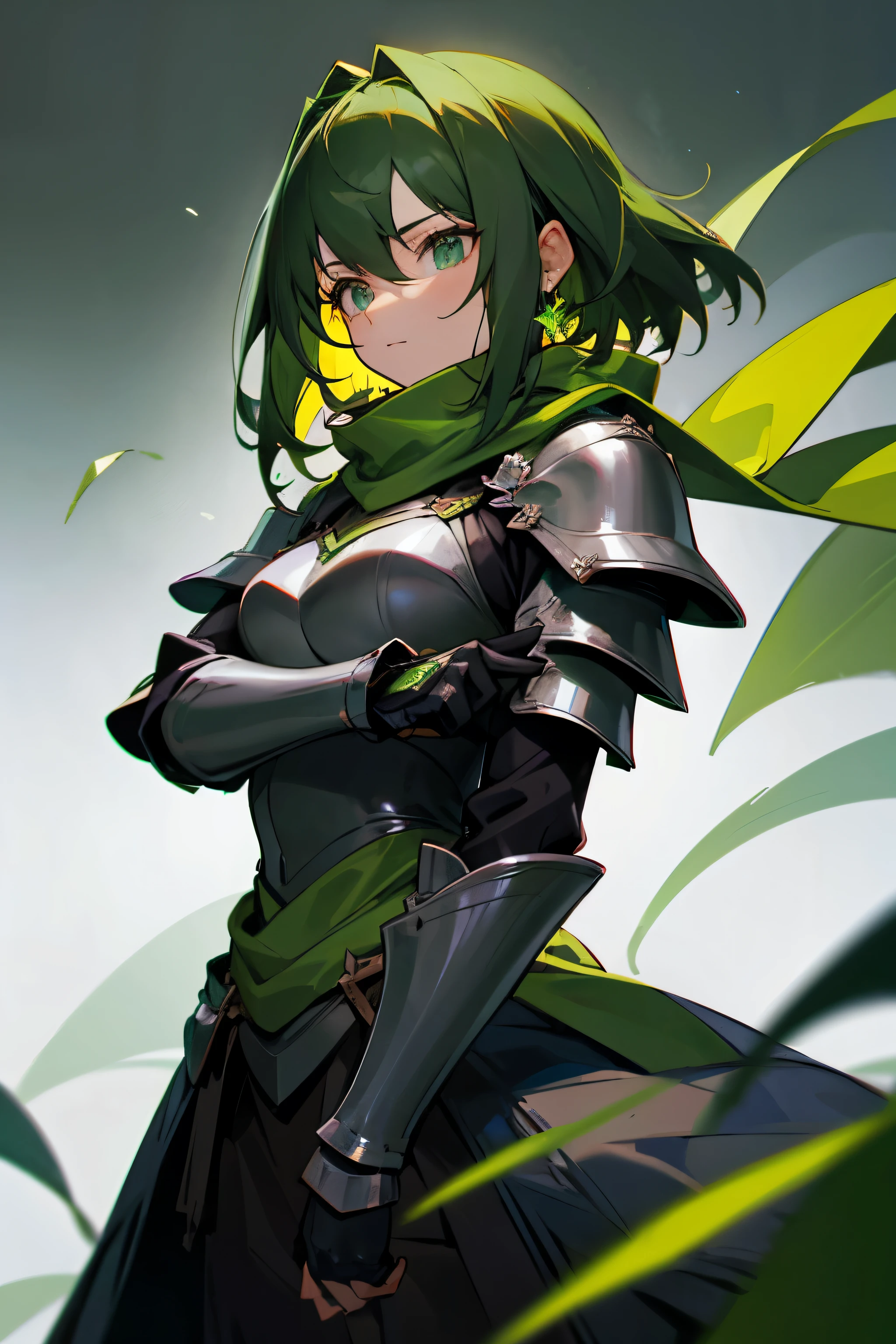 dark green hair woman、wearing a green scarf、Green Gemstones、black armor