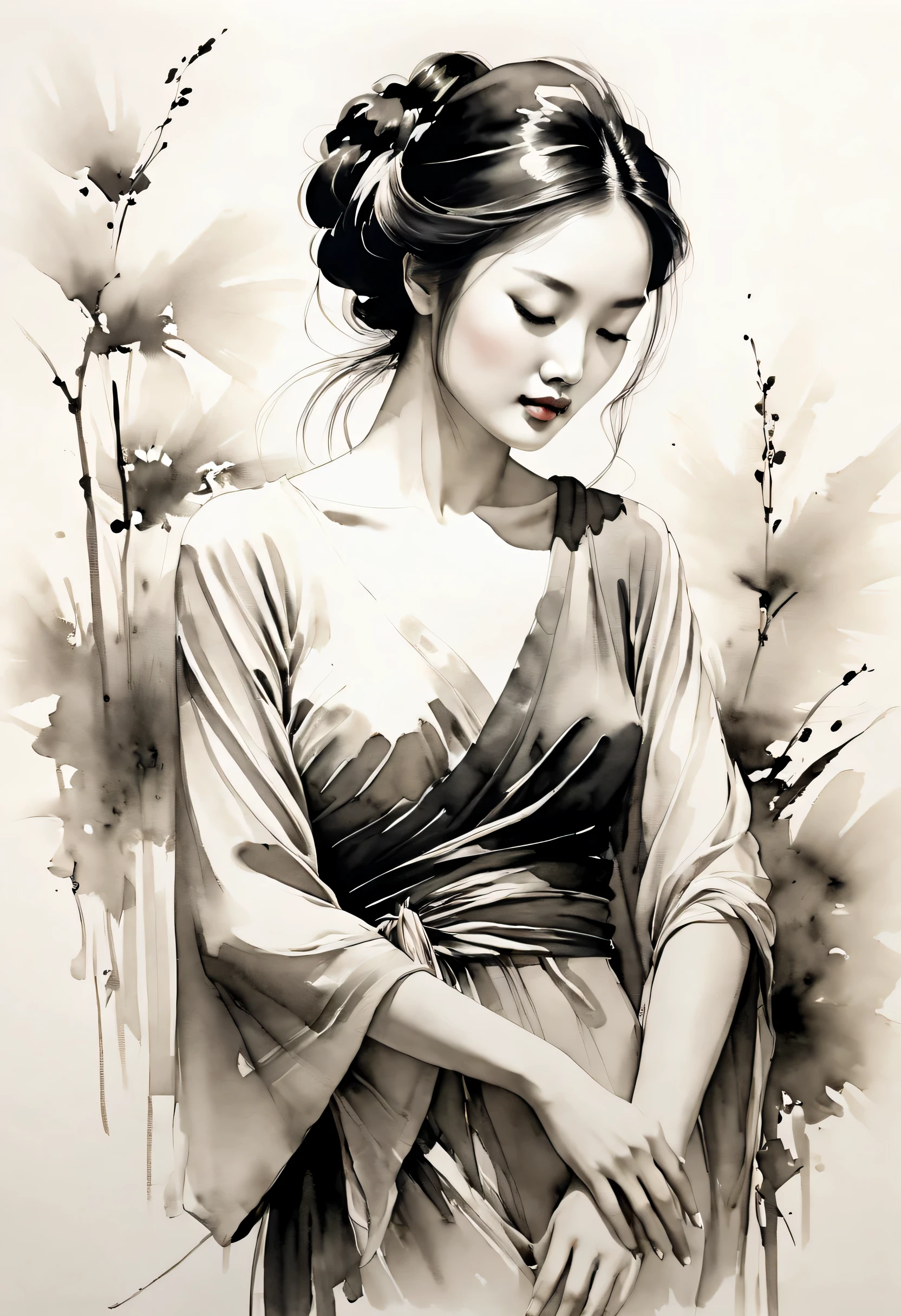 Elegant girl，ink painting，Loose brushstrokes，Pen outlines delicate lines，Smooth movements，Subtle ink tones，elegant gesture，calm expression，Exquisite facial features，black and white，Clean