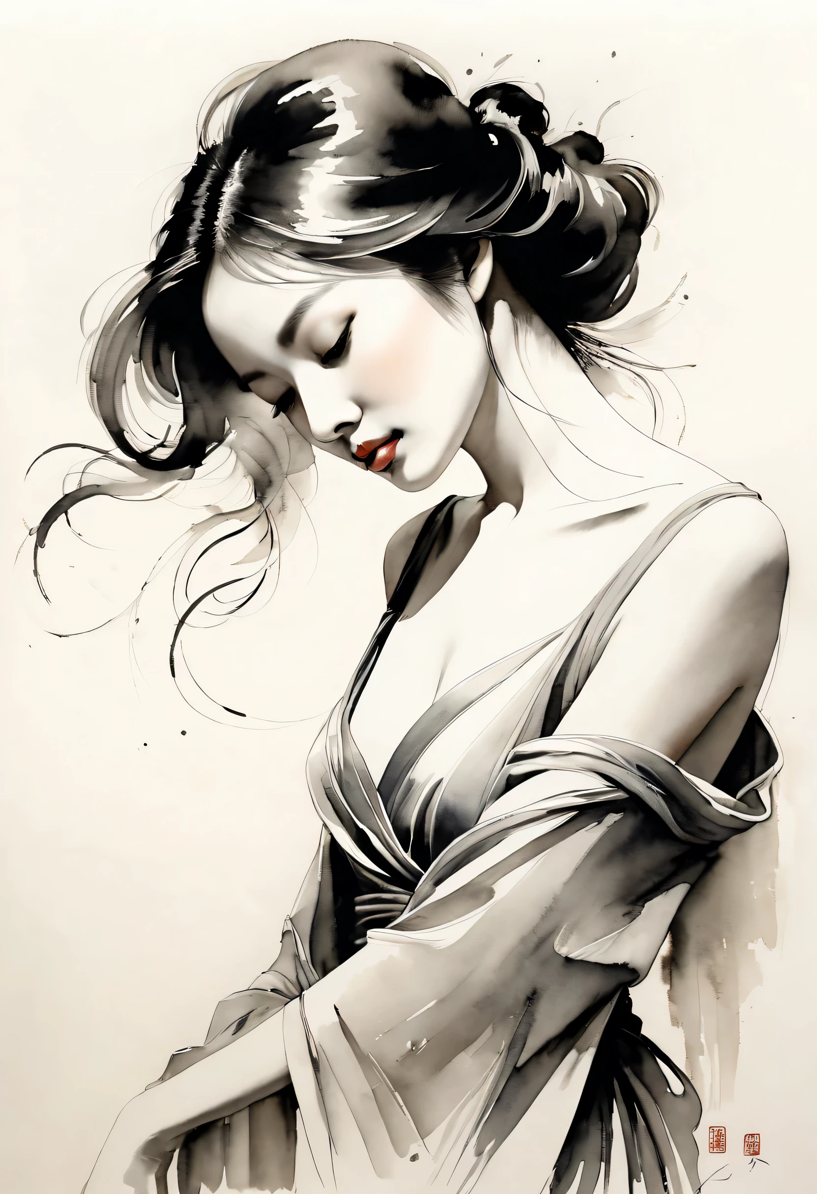 ink painting：number，Outline with black ink，smooth lines，通过墨迹的浓淡对比展现number的表情和姿态，The background is simple，emphasize light, shadow and space。