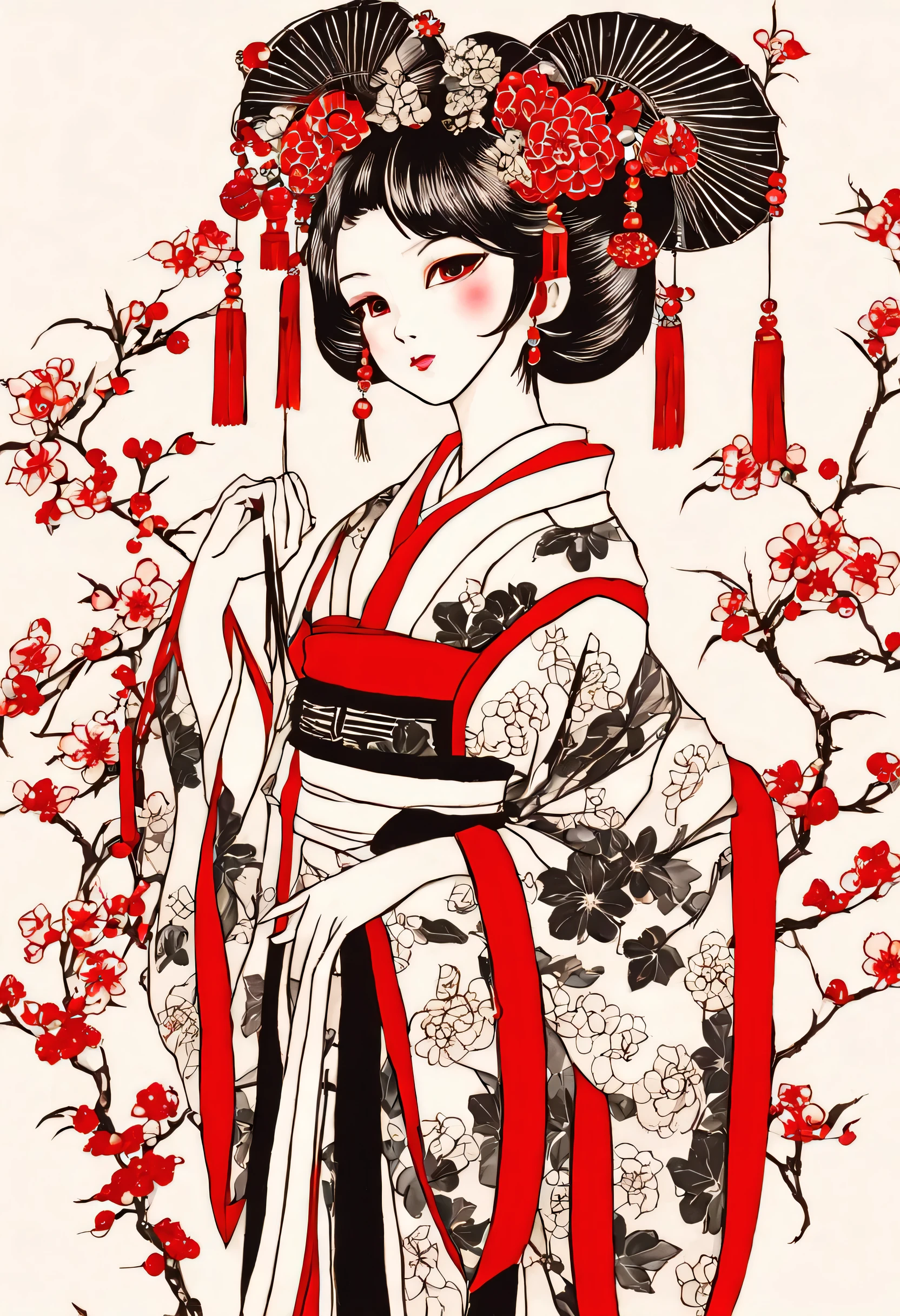 beauty,Ancient Chinese costume:kimono:beautiful柄:in the same way,アジア系beauty,Chinese,perfect face,(Oiran),look sideways,smile,lipstick,fox ears,fox tail:Nine Tails,Bewitching,which one,tied hair:hair ornaments((ink sketch,horn,Draw with lines)),((white,black,red)),be familiar with,anatomically correct,delicate,perfect composition,masterpiece,zentangle,beautiful,ink painting,beautifulwhich oneの姿絵をインクで描きます,which oneの正体はNine Tailsの狐です,妖しくbeautiful,whiteい背景に薄い墨で狐のシルエット,redい桜