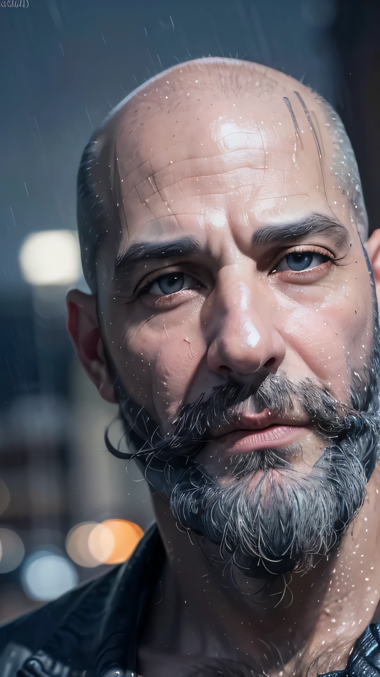 (8k, foto cruda, Mejor calidad, obra maestra:1.2), (Realista, photo-Realista:1.37), (50 year old spanish.), (casi calvo:1.2), (Ojos azul-gris:1.5), (barba gris completa:1.2), (atractivo: 1.5), (aegyo sal:1), lindo, paisaje urbano, lluvia, wet, professional lighting, mapeo de fotones, radiosidad, Physically based representation