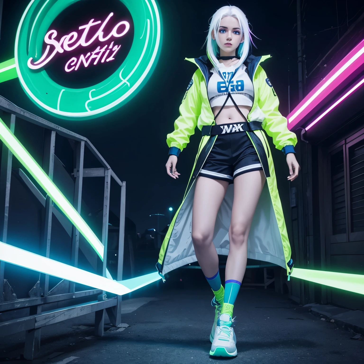 Garota de seios enormes expostos, roupa de cores neon fluorescentes, colorful sneakers, corredor de trem bala, seios enormes expostos, the girl is beautiful with white hair and blue eyes, iluminação Ray Tracing