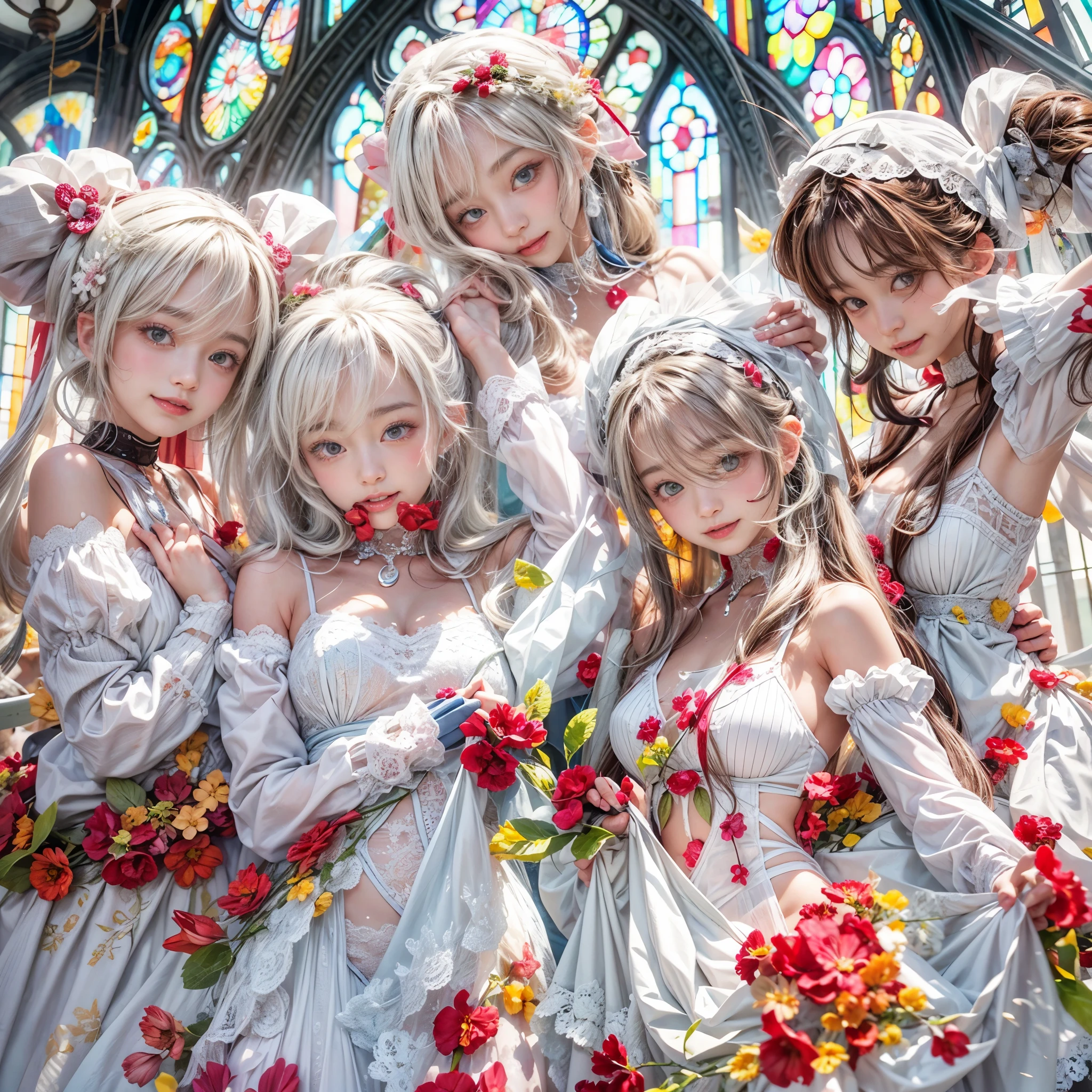 (SFW, White and Red, masterpiece:1.2, Exposed:1.2), (nipple:-0.9), (Acutance:0.8), (many sexy junior idols in group photograph), ((Extremely Detailed KAWAII face variations, joyful expression variations)), { Navel | pretty Ass | Overflowing sideboob | (Delicate lace knitted white wear) | full of Flowers covering girl's body | (Colorful Light shines from Dazzling and delicate stained glass:1.2) }. ( ultra-detailed, realistic, (photorealistic:1.37) with a touch of rawness). { under the mesmerizing back lighting | concept art | enhancing the overall visual impact }. (not Detailed fingers:-0.9) .