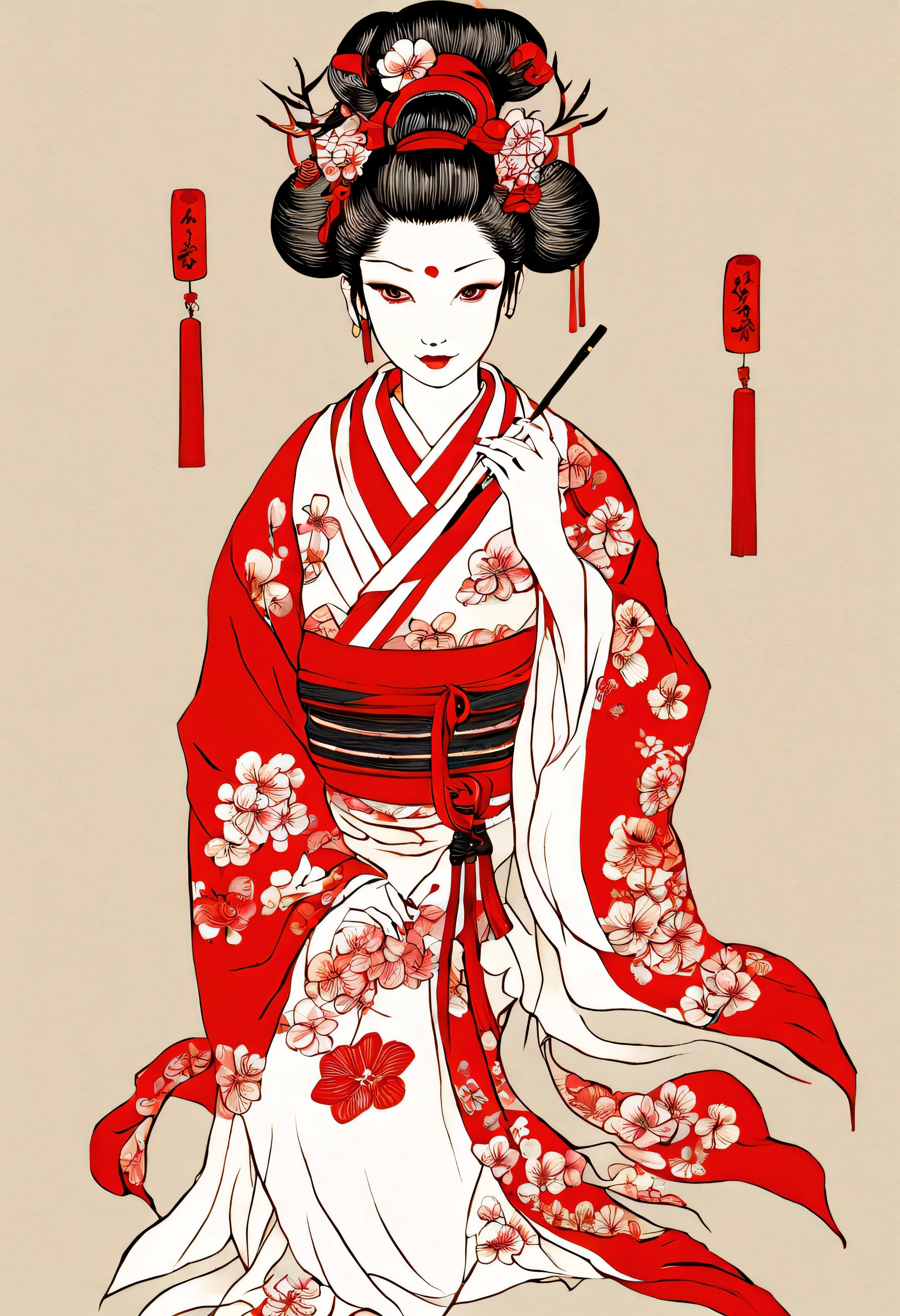 beauty,Ancient Chinese costume:kimono:beautiful柄:in the same way,アジア系beauty,Chinese,perfect face,(Oiran),look sideways,smile,lipstick,fox ears,fox tail:Nine Tails,Bewitching,which one,tied hair:hair ornaments((ink sketch,horn,Draw with lines)),((white,black,red)),be familiar with,anatomically correct,delicate,perfect composition,masterpiece,zentangle,beautiful,ink painting,beautifulwhich oneの姿絵をインクで描きます,which oneの正体はNine Tailsの狐です,妖しくbeautiful,whiteい背景に薄い墨で狐のシルエット,redい桜