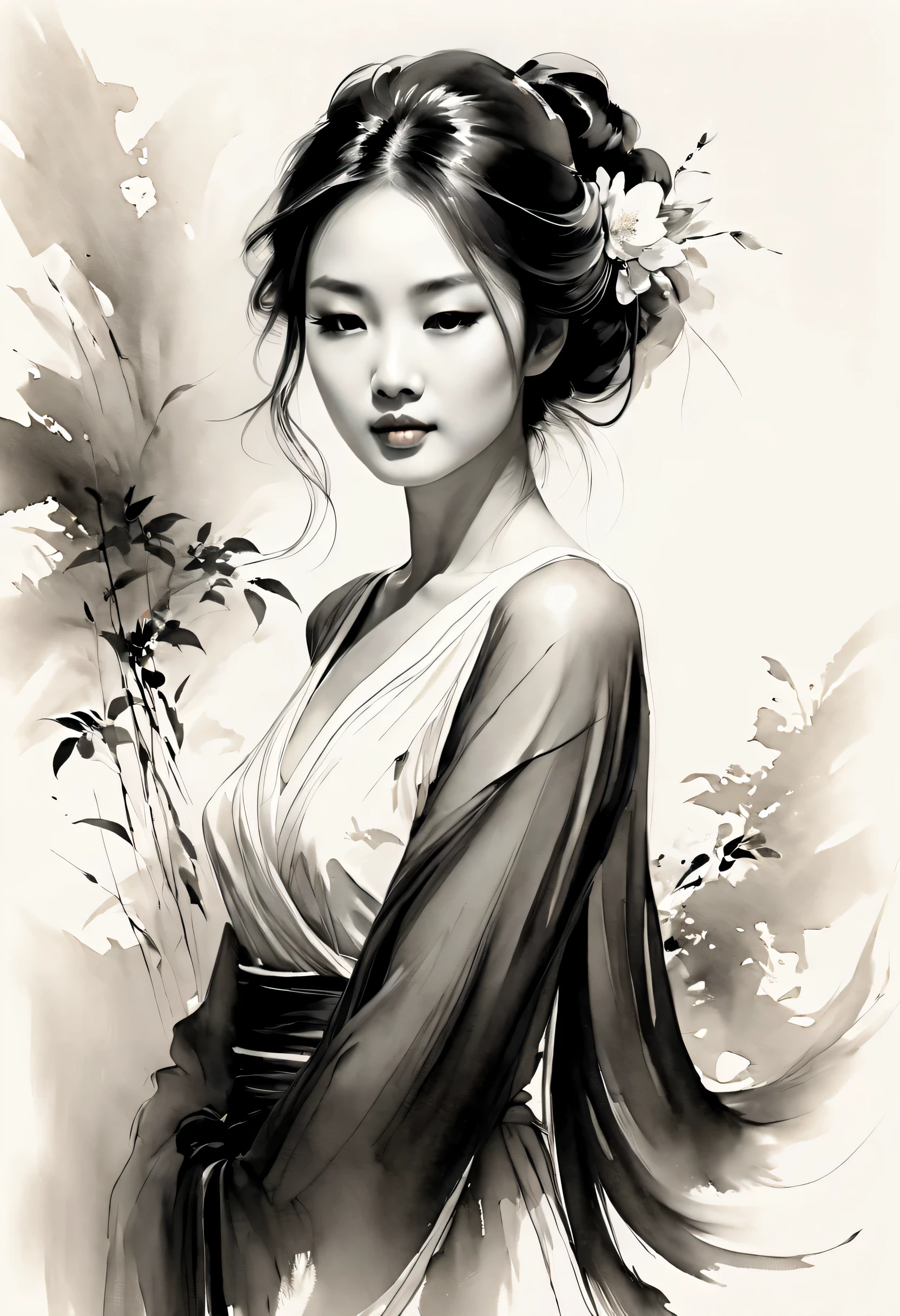 Elegant girl,black and white水墨画,Loose brushstrokes,Pen outlines delicate lines,Smooth movements,Subtle ink tones,elegant gesture,calm expression,Exquisite facial features,black and white,Clean