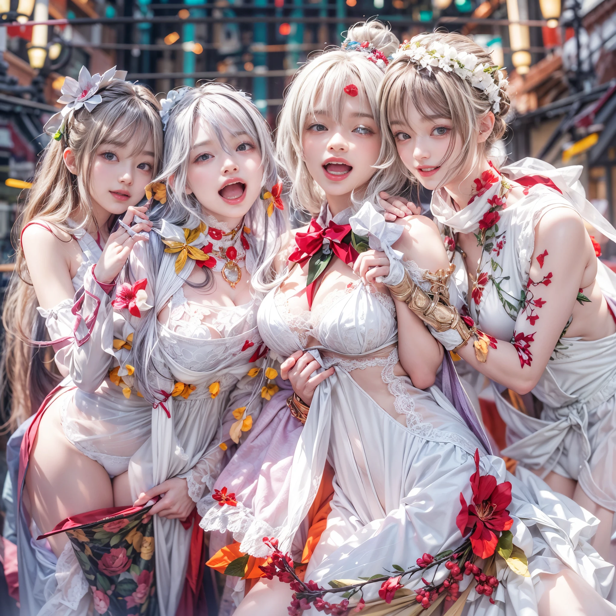(SFW, White and Red, masterpiece:1.2, Exposed:1.2), (nipple:-0.9), (Acutance:0.8), (many sexy junior idols in group photograph), ((Extremely Detailed KAWAII face variations, joyful expression variations)), { Navel | pretty Ass | Overflowing sideboob | (Delicate lace knitted white wear) | full of Flowers covering girl's body | (Colorful Light shines from Dazzling and delicate stained glass:1.2) }. ( ultra-detailed, realistic, (photorealistic:1.37) with a touch of rawness). { under the mesmerizing back lighting | concept art | enhancing the overall visual impact }. (not Detailed fingers:-0.9) .