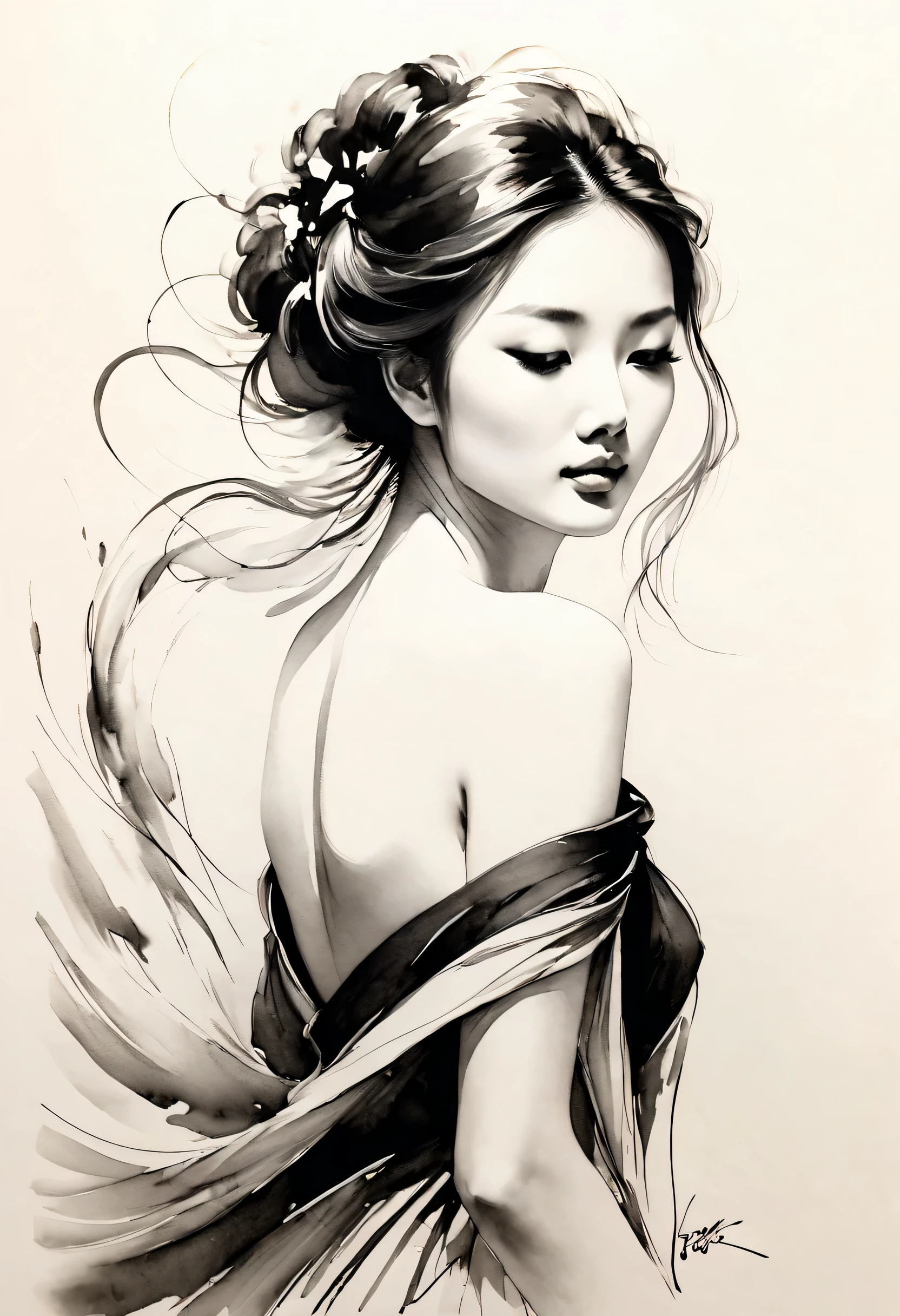 Elegant girl，black and white水墨画，pen sketch，Loose brushstrokes，Pen outlines delicate lines，Smooth movements，Subtle ink tones，elegant gesture，calm expression，Exquisite facial features，black and white，Clean