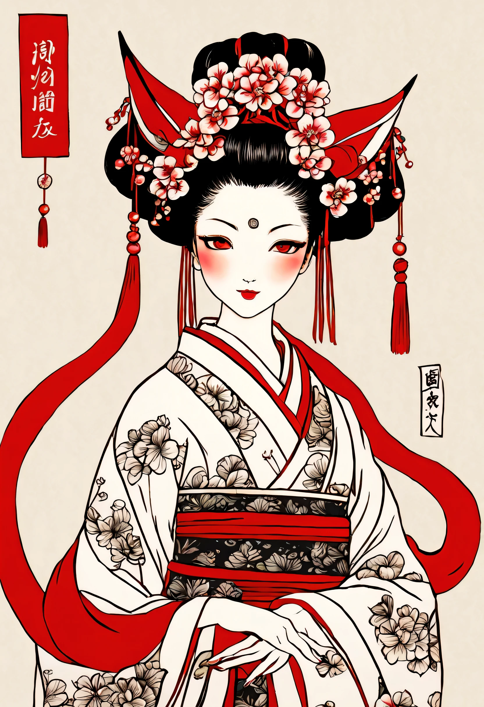 beauty,Ancient Chinese costume:kimono:beautiful柄:in the same way,アジア系beauty,Chinese,perfect face,(Oiran),look sideways,smile,lipstick,fox ears,fox tail:Nine Tails,Bewitching,which one,tied hair:hair ornaments((ink sketch,horn,Draw with lines)),((white,black,red)),be familiar with,anatomically correct,delicate,perfect composition,masterpiece,zentangle,beautiful,ink painting,beautifulwhich oneの姿絵をインクで描きます,which oneの正体はNine Tailsの狐です,妖しくbeautiful,whiteい背景に薄い墨で狐のシルエット,redい桜,redい狐