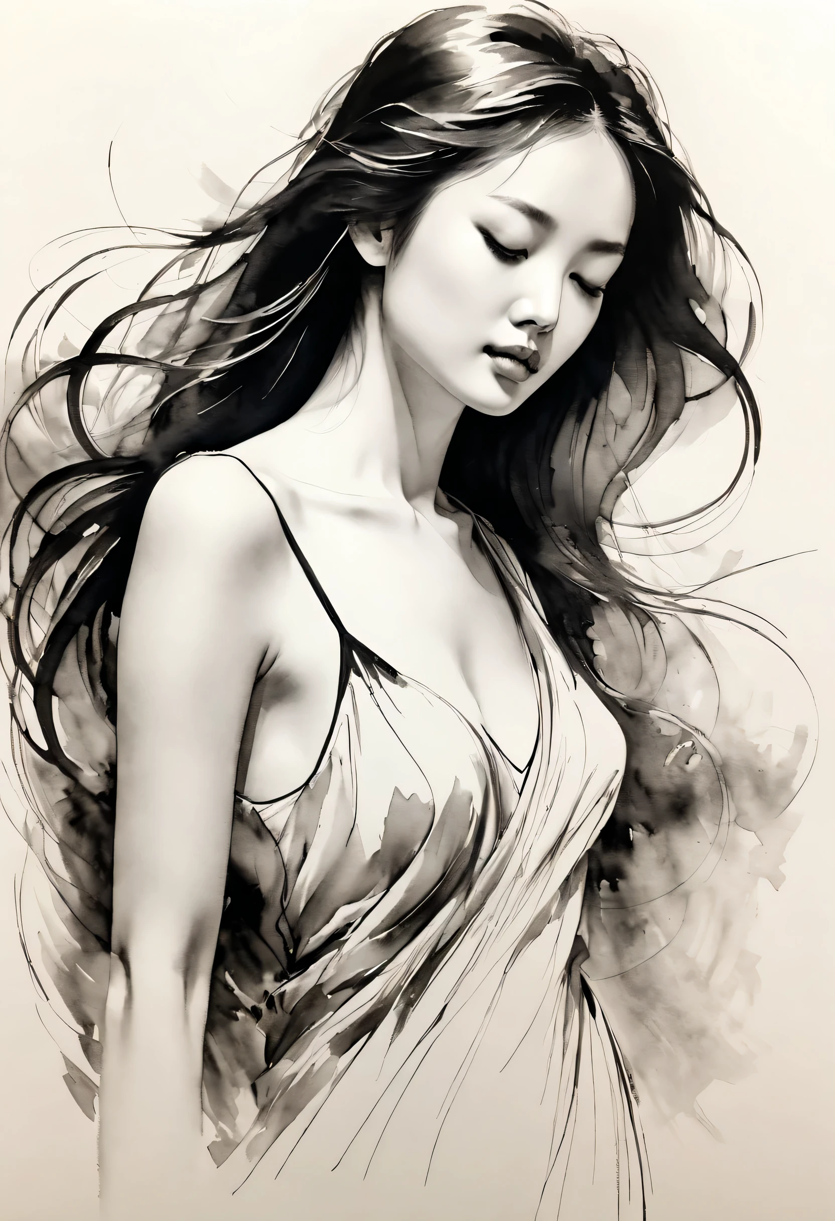 Elegant girl，black and white水墨画，pen sketch，Loose brushstrokes，Pen outlines delicate lines，Smooth movements，Subtle ink tones，elegant gesture，calm expression，Exquisite facial features，black and white，Clean