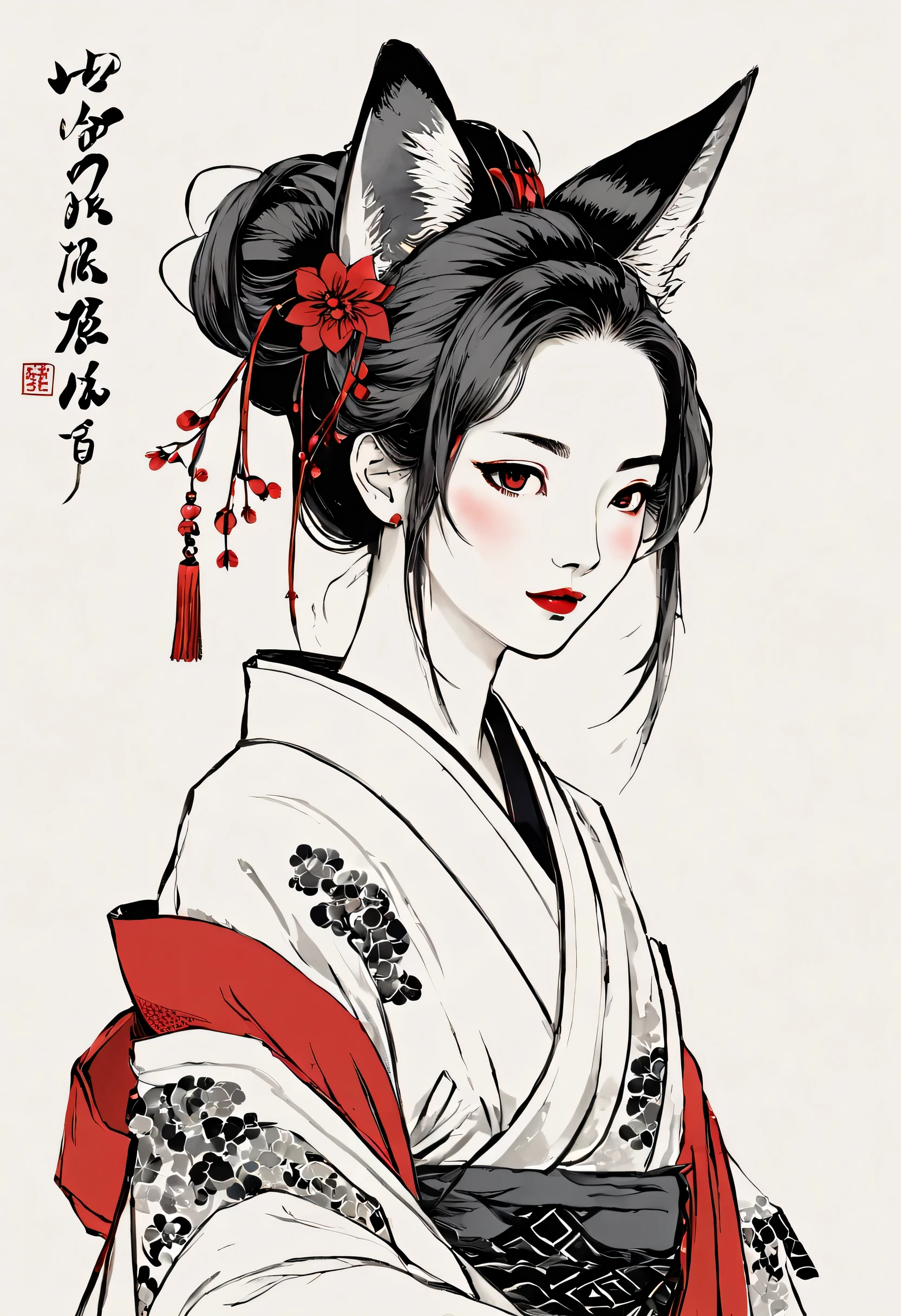 beauty,Ancient Chinese costume:kimono:beautiful柄:in the same way,アジア系beauty,Chinese,perfect face,(Oiran),look sideways,smile,lipstick,fox ears,fox tail:Nine Tails,Bewitching,which one,tied hair:hair ornaments((ink sketch,horn,Draw with lines)),((white,black,red)),be familiar with,anatomically correct,delicate,perfect composition,masterpiece,zentangle,beautiful,ink painting,beautifulwhich oneの姿絵をインクで描きます,which oneの正体はNine Tailsの狐です,妖しくbeautiful,whiteい背景に薄い墨で狐のシルエット,redい桜