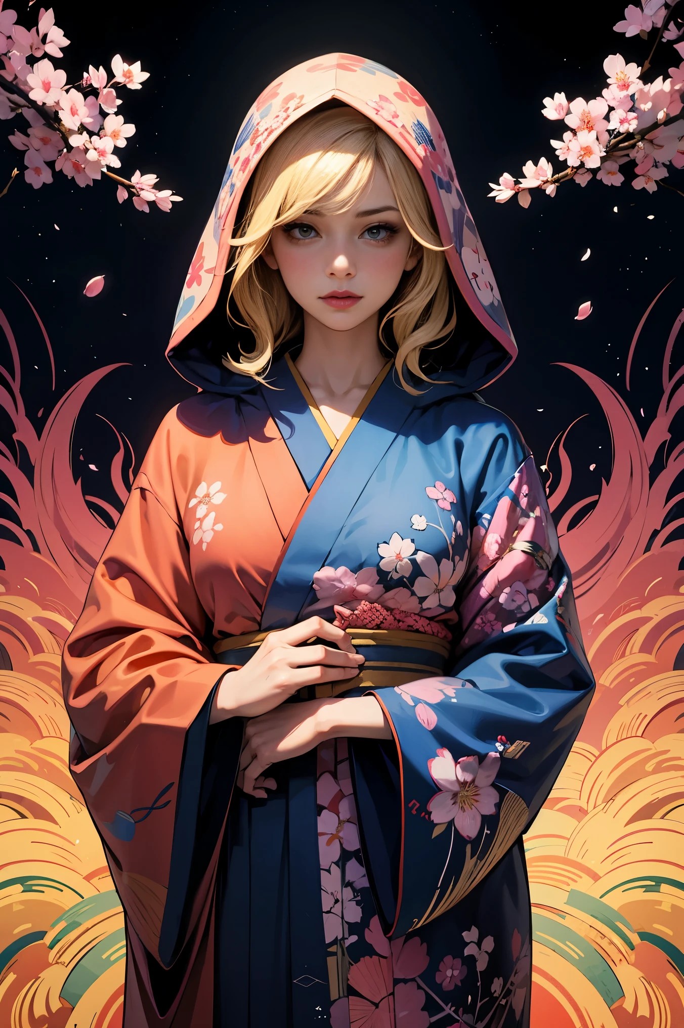 1girl,(blonde_hair:1.1),(zentangle, mandala, tangle, entangle:0.6),(fractal art),the most beautiful form of chaos,brutalist designed, the most beautiful and highly detailed Harajuku-inspired hooded kimono, cherry blossoms blowing in the wind, enchanted, aesthetic, psychedelic, atmospheric, cosmic