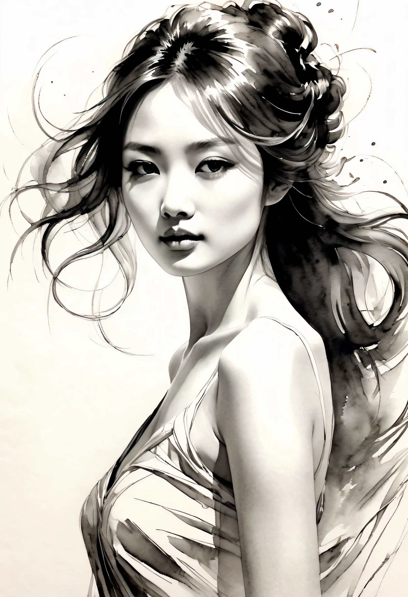 Elegant girl，black and white水墨画，pen sketch，Loose brushstrokes，Pen outlines delicate lines，Smooth movements，Subtle ink tones，elegant gesture，calm expression，Exquisite facial features，black and white，Clean