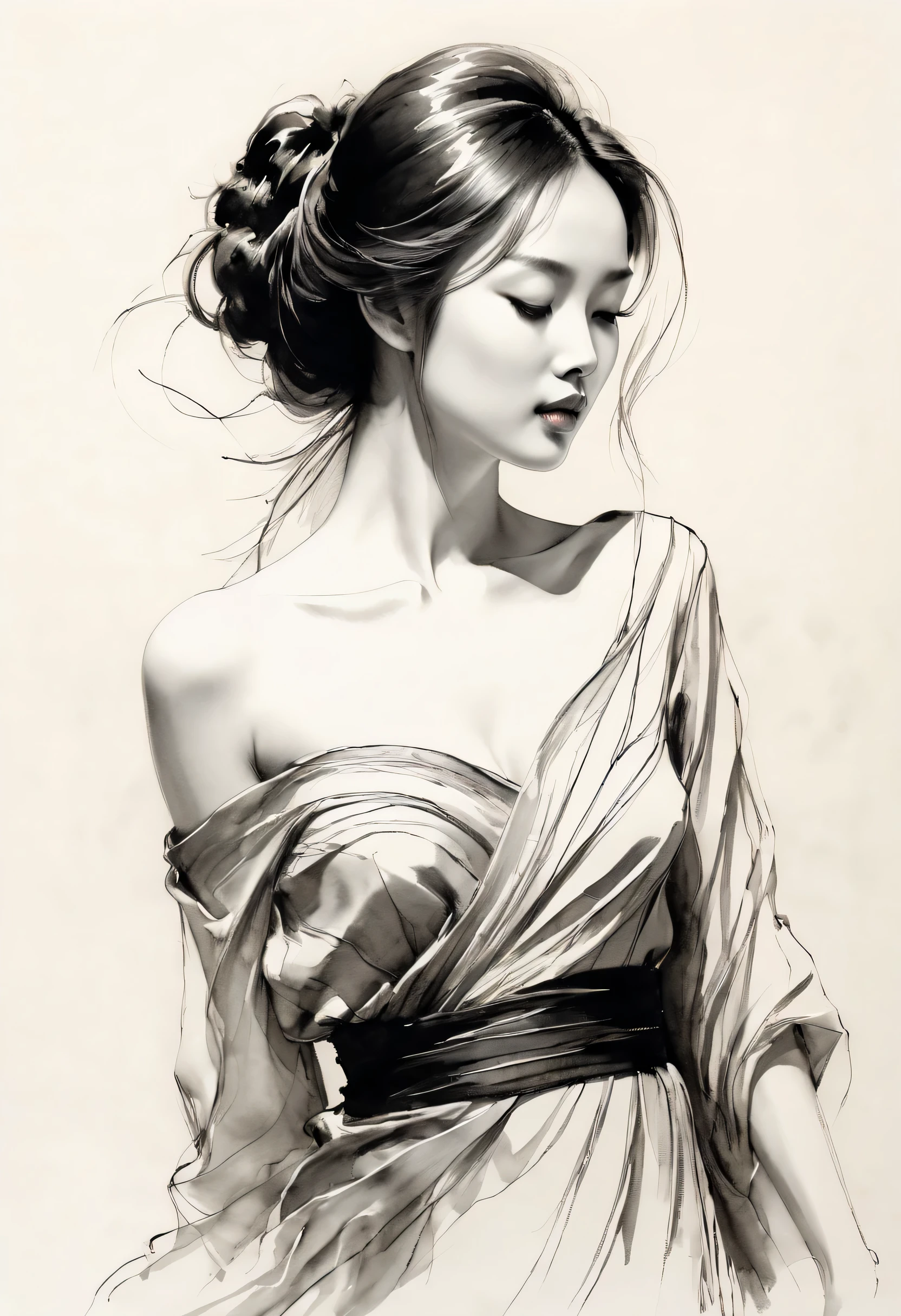 Elegant girl,black and white水墨画,pen sketch,Loose brushstrokes,Pen outlines delicate lines,Smooth movements,Subtle ink tones,elegant gesture,calm expression,Exquisite facial features,black and white,Clean