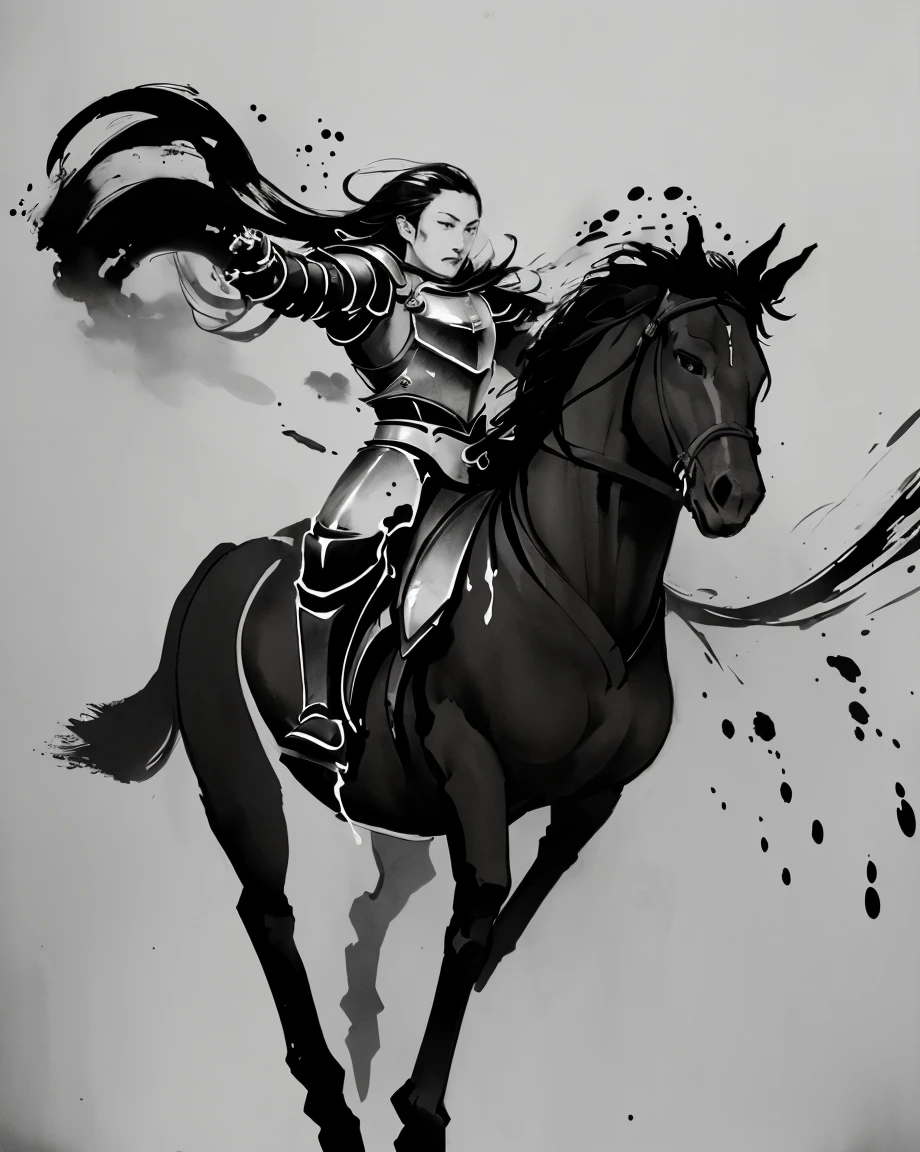 masterpiece, zydink, monochrome, ink sketch, (tilt:1.4), 1man, (riding horse, running fast:1.2), asian man, polearm, waving armor, armor, chinese clothes, fighting stance, looking at viewer, long hair, long sleeves, (abstract ink splash:1.4)