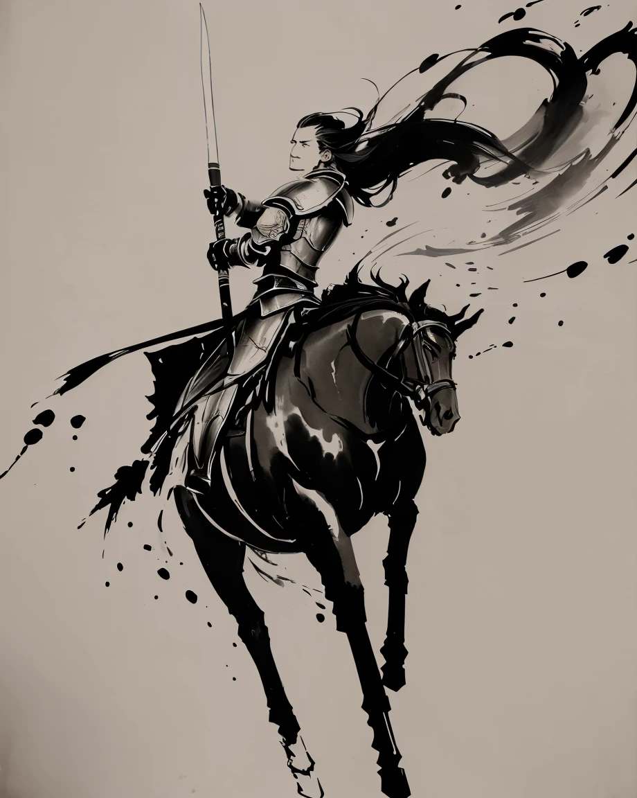 masterpiece, zydink, monochrome, ink sketch, (tilt:1.4), 1man, (riding horse, running fast:1.2), asian man, polearm, waving armor, armor, chinese clothes, fighting stance, looking at viewer, long hair,  long sleeves, (abstract ink splash:1.4)
