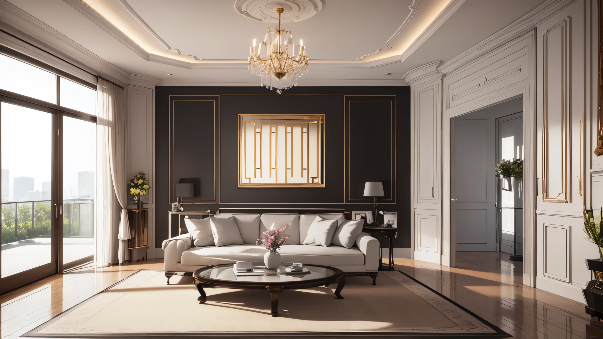 You are a famous interior designer、You have been asked to create a 3D image of a modern large room. Create a harmonious environment with modern and minimalist furniture. Including garden interior.
