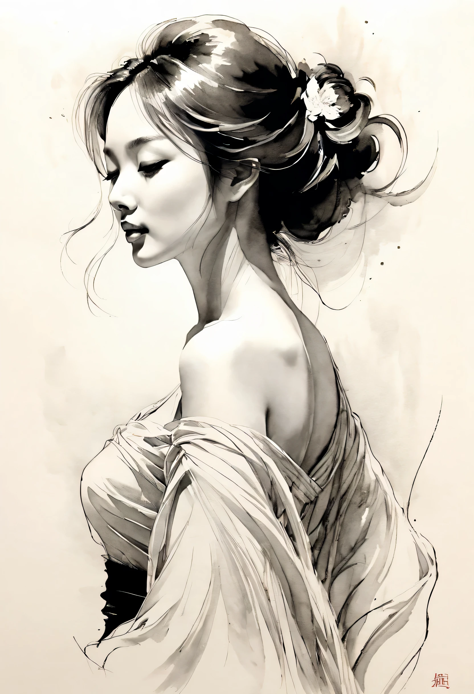 Elegant girl，black and white水墨画，pen sketch，Loose brushstrokes，Pen outlines delicate lines，Smooth movements，Subtle ink tones，elegant gesture，calm expression，Exquisite facial features，black and white，Clean