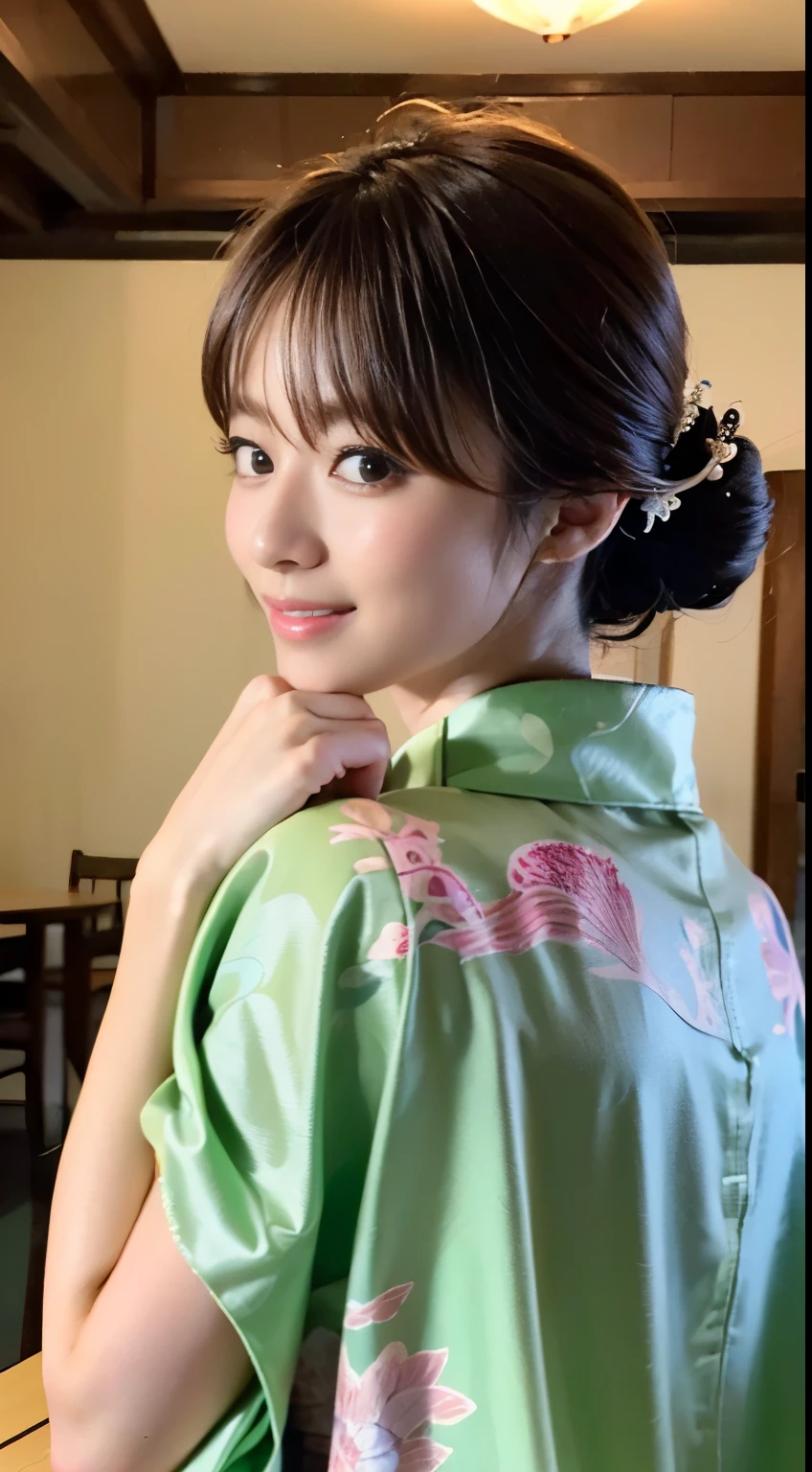 (((The young proprietress of a long-established inn wears traditional Japanese kimono and greets guests with an elegant appearance, smiling as she squats down with her knees together to pick up scraps of paper.))),(((Japanese clothes look good))),(((table top:1.6))),(((Ulzzang-6500))),(((perfect anatomy:1.6))),(((Deep depth of field with Hasselblad))),masterpiece,highest quality,Super high resolution,Highly detailed full body portrait from behind,(photo-realistic:1.4),(((A tall nose and a beautiful face))),(((long limbs like a model))),The fair-skinned nape of the neck is dazzling,(((wearing a beautiful kimono))),I pulled my chin and led the customer to pick up some scraps of paper that had fallen in the hallway.,((Full body shot from behind with a wide-angle lens)),cute 20 year old, Her shiny long chestnut hair is tied up and the nape of her neck is sexy.,((Proud F cup breasts )),(Japan&#39;s famous popular landlady),(Smile by raising the corners of your mouth and eyebrows),detailed eye,((wood々A quaint inn with lush greenery)),((long eyelashes,Big eyes,Clear double eyelids,((glossy thick lips)),(((perfect anatomy:1.4))),