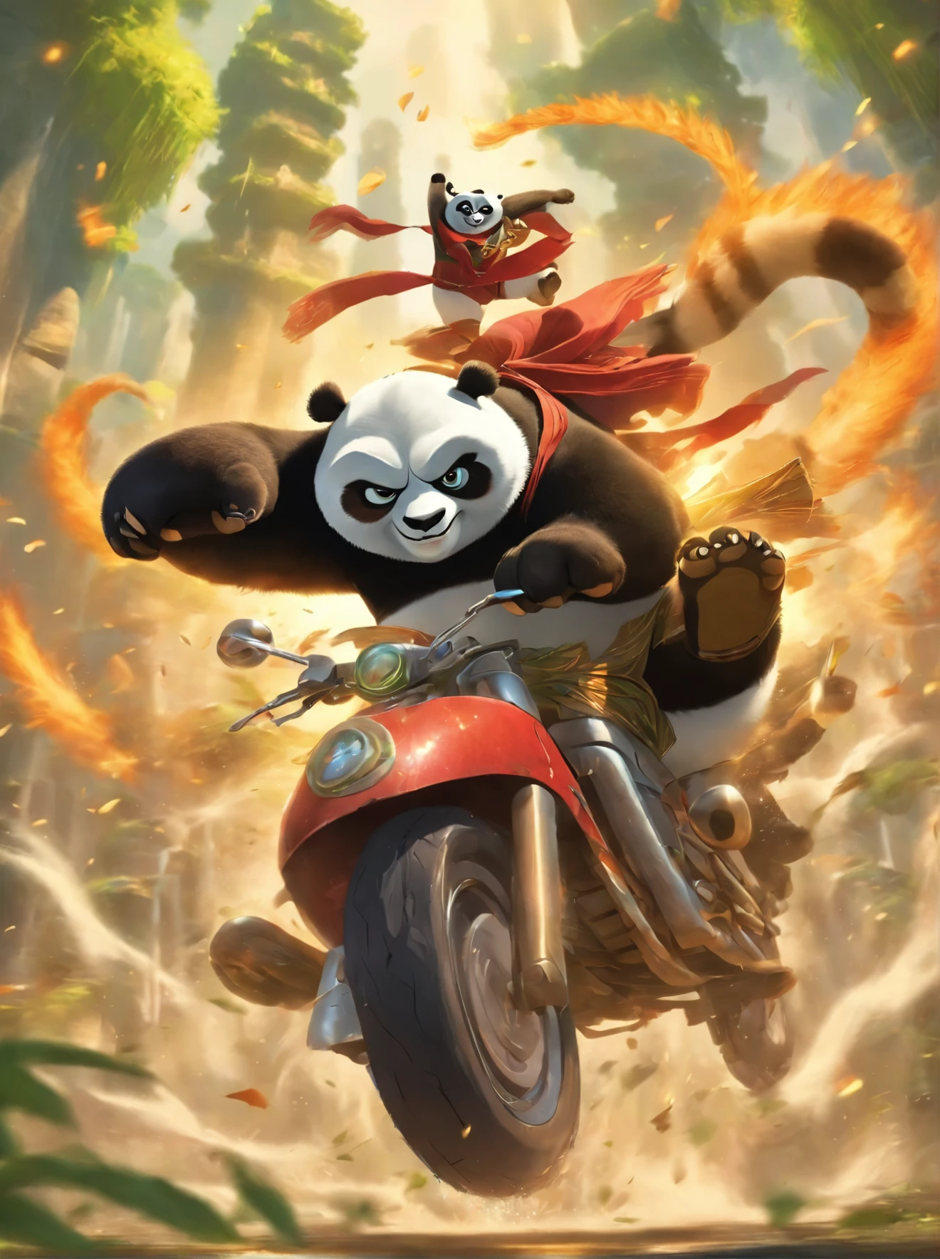 Po, the lovable Kung-Fu Panda on a motorcycle, showcasing his martial arts prowess in a bamboo-filled training ground. He strikes a dynamic pose mid-action, surrounded by swirling leaves and a sense of energy. The lighting is dramatic, emphasizing his determination. This scene captures the essence of Po's journey to becoming the Dragon Warrior.