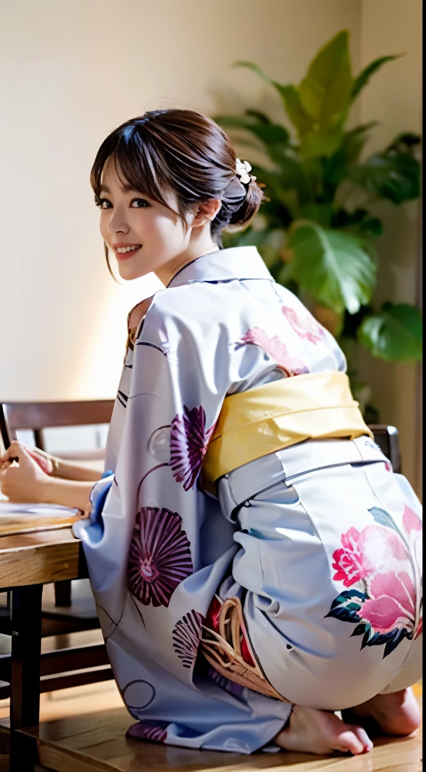 (((The young proprietress of a long-established inn wears traditional Japanese kimono and greets guests with an elegant appearance, smiling as she squats down with her knees together to pick up scraps of paper.))),(((Japanese clothes look good))),(((table top:1.6))),(((Ulzzang-6500))),(((perfect anatomy:1.6))),(((Deep depth of field with Hasselblad))),masterpiece,highest quality,Super high resolution,Highly detailed full body portrait from behind,(photo-realistic:1.4),(((A tall nose and a beautiful face))),(((long limbs like a model))),The fair-skinned nape of the neck is dazzling,(((wearing a beautiful kimono))),I pulled my chin and led the customer to pick up some scraps of paper that had fallen in the hallway.,((Full body shot from behind with a wide-angle lens)),cute 20 year old, Her shiny long chestnut hair is tied up and the nape of her neck is sexy.,((Proud F cup breasts )),(Japan's famous popular landlady),(Smile by raising the corners of your mouth and eyebrows),detailed eye,((wood々A quaint inn with lush greenery)),((long eyelashes,Big eyes,Clear double eyelids,((glossy thick lips)),(((perfect anatomy:1.4))),