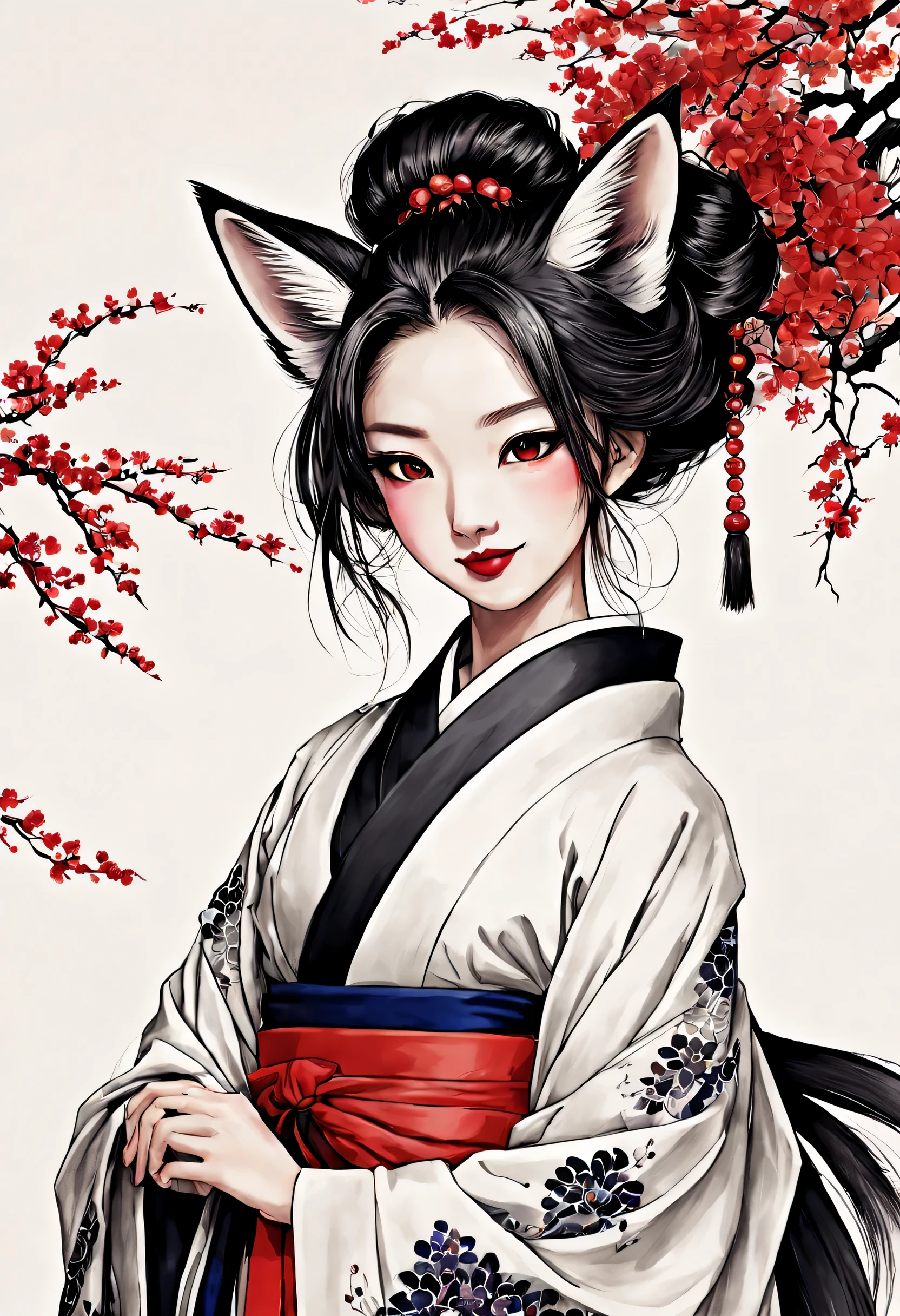 beauty,Ancient Chinese costume:kimono:beautiful柄:in the same way,アジア系beauty,Chinese,perfect face:maiko makeup,look sideways,smile,lipstick,fox ears,fox tail:Nine Tails,Bewitching,which one,tied hair:hair ornaments((ink sketch,horn,Draw with lines)),((white,black,red)),be familiar with,anatomically correct,delicate,perfect composition,masterpiece,zentangle,beautiful,ink painting,beautifulwhich oneの姿絵をインクで描きます,which oneの正体はNine Tailsの狐です,妖しくbeautiful,whiteい背景に薄い墨で細かい模様を入れる,redい桜