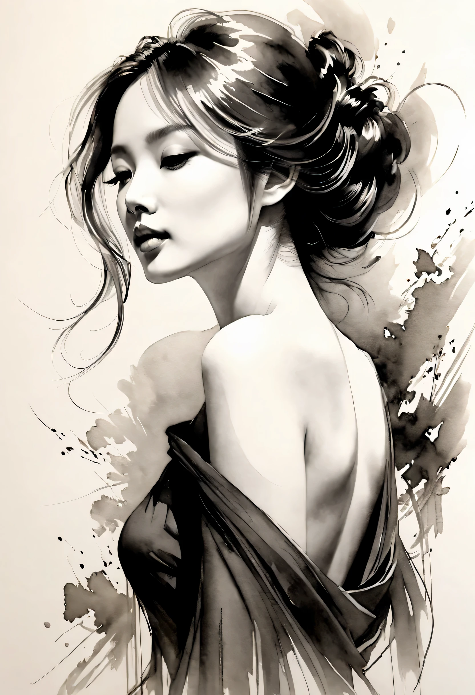 Elegant girl，black and white水墨画，pen sketch，Loose brushstrokes，Pen outlines delicate lines，Smooth movements，Subtle ink tones，elegant gesture，calm expression，Exquisite facial features，black and white，Clean