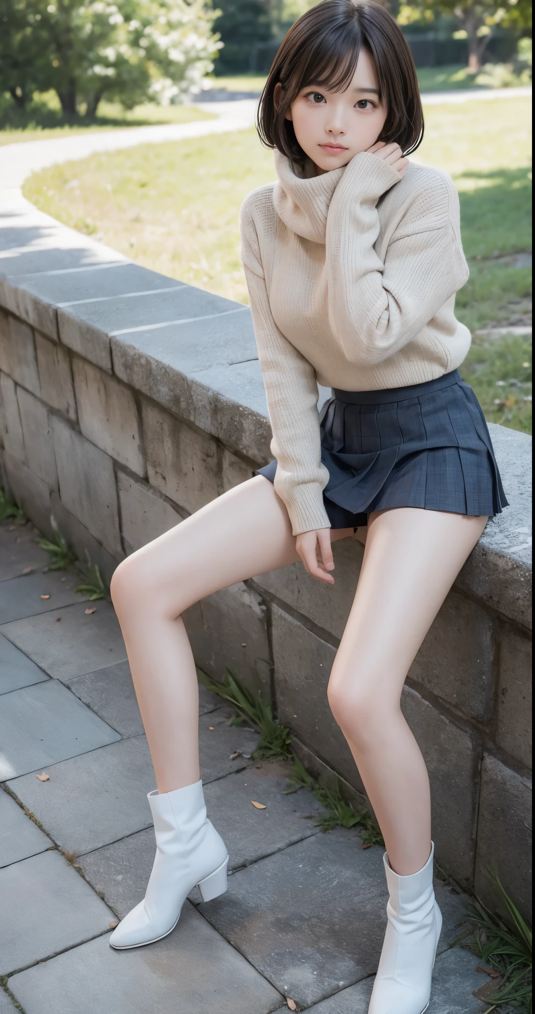 (masterpiece:1.3), (8K, Photoreal, Raw photo, Subject a little far away、best image quality: 1.4), Winter outdoor、20 years old 1 female、((Full body shot down to the toes))、healthy slim body shape、(tight legs)、super detail face、Detailed and moist eyes、(cute smile)、Transparent white skin、look at the viewer、shining hair、Full body Esbian shot、facing the front、Whole body proportions、random pose、natural makeup、((With bangs、Hair tip wave、bob hair))、(Beautiful woman:1.4)、light brown hair、natural color lip、highest quality、masterpiece、Super high resolution、(Photoreal:1.4)、Scarf、Down jacket、tight sweater、plaid pleated mini skirt、round big breasts、Beautiful raw legs、ankle mini boots、
