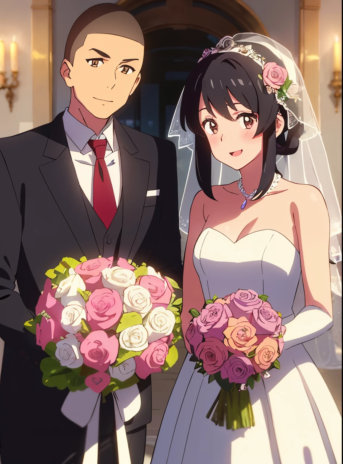 shinkai makoto, kimi no na wa., 1girl, 1boy, buzzcut, tuxedo, bangs, black hair, blush, brown eyes, shiny skin, headband, flower, wedding dress, bouquet, holding a bouquet, dress, bride, pink rose, jewelry, necklace, veil, bridal veil, looking at the viewer, short hair, cute, smile, open mouth, happy, bare shoulders, white pantyhose, long sleeves,waterfall braid, red ribbon,long hair, cute, love, couple, adorable, short sleeves, dating, open eyes, night,indoors, 1boybuzzcut