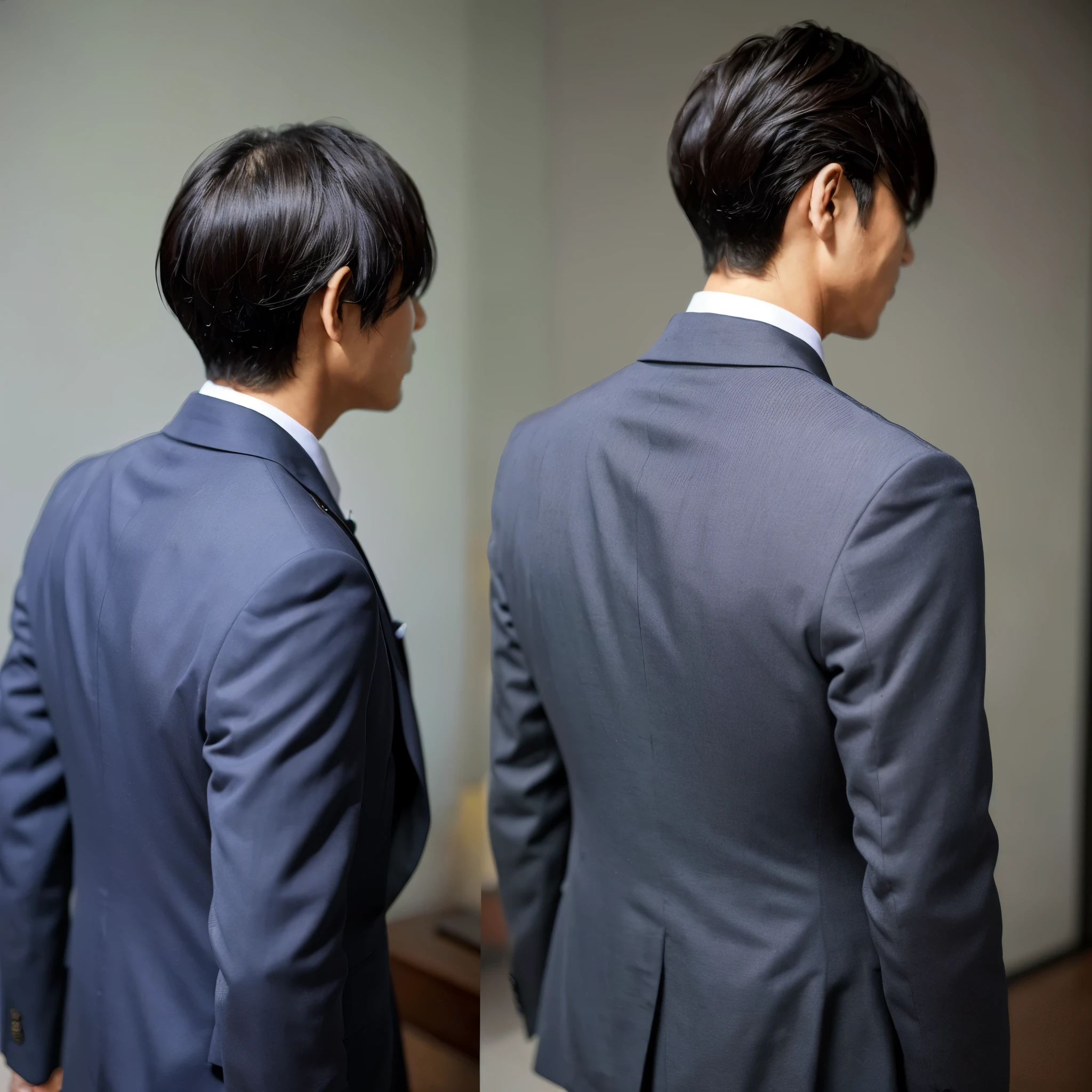 back view、Cool Japanese man 45 years old、Hairstyle is very short hair、Clothes are suits