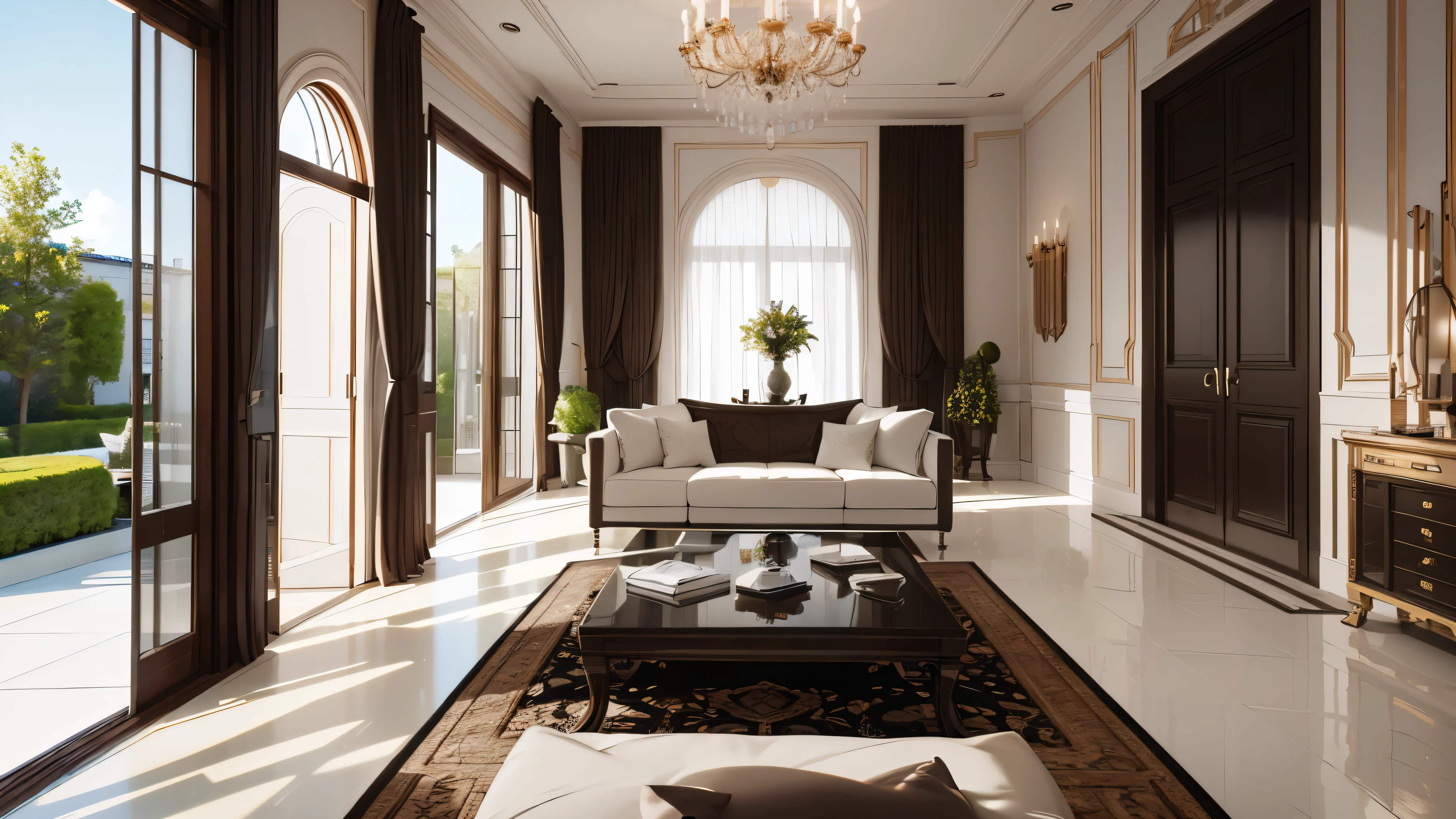 You are a famous interior designer、You have been asked to create a 3D image of a modern large room. Create a harmonious environment with modern and minimalist furniture. Including garden interior.