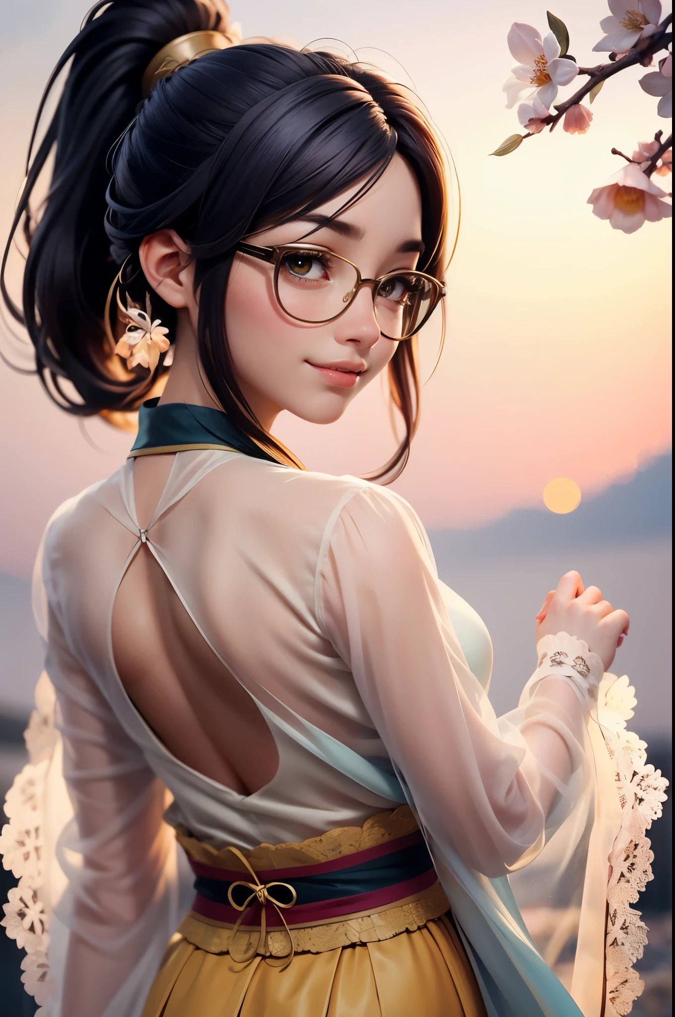 ((upper body image, from behind)), pretty girl, black hair in a ponytail, bangs, hair accessory, wearing glasses, bright smile, small breasts, slim waist, ((wearing hanfu(see-through) )multi-layered intricate details (pastel yellow))), dresses fluttering in the wind, seductive dances, the backdrop is an island with only peach trees in full bloom, many peach petals fluttering, morning light, Anime, high quality