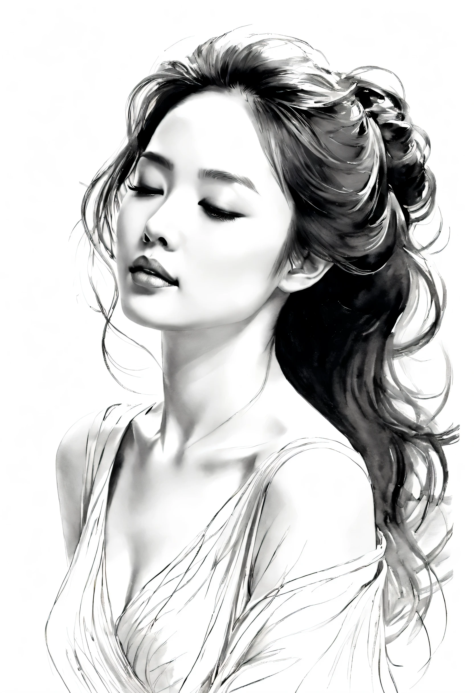 Elegant girl，black and white水墨画，pen sketch，Loose brushstrokes，Pen outlines delicate lines，Smooth movements，Subtle ink tones，elegant gesture，calm expression，Exquisite facial features，black and white，Clean