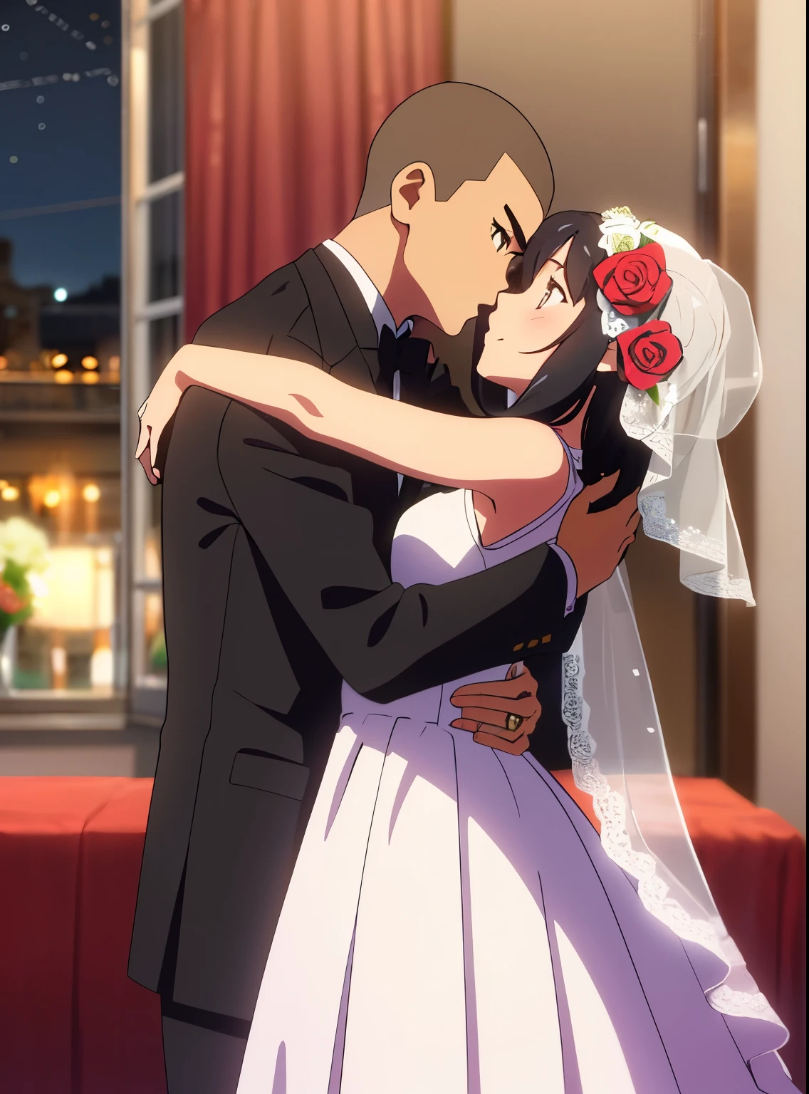 shinkai makoto, kimi no na wa., 1girl, 1boy, buzzcut, tuxedo, bangs, black hair, blush, brown eyes, shiny skin, headband, flower, wedding dress, bouquet, holding a bouquet, dress, bride, pink rose, jewelry, necklace, veil, bridal veil, looking at the viewer, short hair, cute, smile, open mouth, happy, bare shoulders, white pantyhose, long sleevesshinkai, long hair, cute, love, couple, adorable, short sleeves, dating, kisss, deep, kiss,open eyes, night,indoors, passionate hug, face to face, 1boybuzzcut
