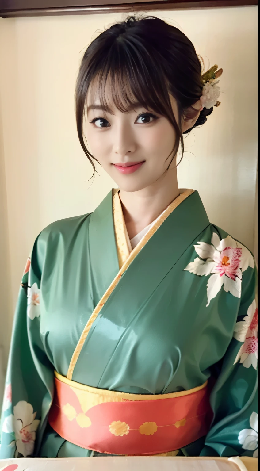 (((The young proprietress of a long-established inn greets guests at the entrance with an elegant appearance wearing traditional Japanese kimono.))),(((Japanese clothes look good))),(((table top:1.6))),(((Ulzzang-6500))),(((perfect anatomy:1.6))),(((Deep depth of field with Hasselblad))),masterpiece,highest quality,Super high resolution,high detailed portrait,(photo-realistic:1.4),(((A tall nose and a beautiful face))),(((long limbs like a model))),The fair-skinned nape of the neck is dazzling,(((wearing a beautiful kimono))),Tuck your chin and look at the customer,((Full body shooting from the front)),cute 20 year old, Her shiny long chestnut hair is tied up and the nape of her neck is sexy.,((Proud F cup breasts )),(Japan's famous popular landlady),(Smile by raising the corners of your mouth and eyebrows),detailed eye,((wood々A quaint inn with lush greenery)),((long eyelashes,Big eyes,Clear double eyelids,((glossy thick lips)),(((perfect anatomy:1.4))),
