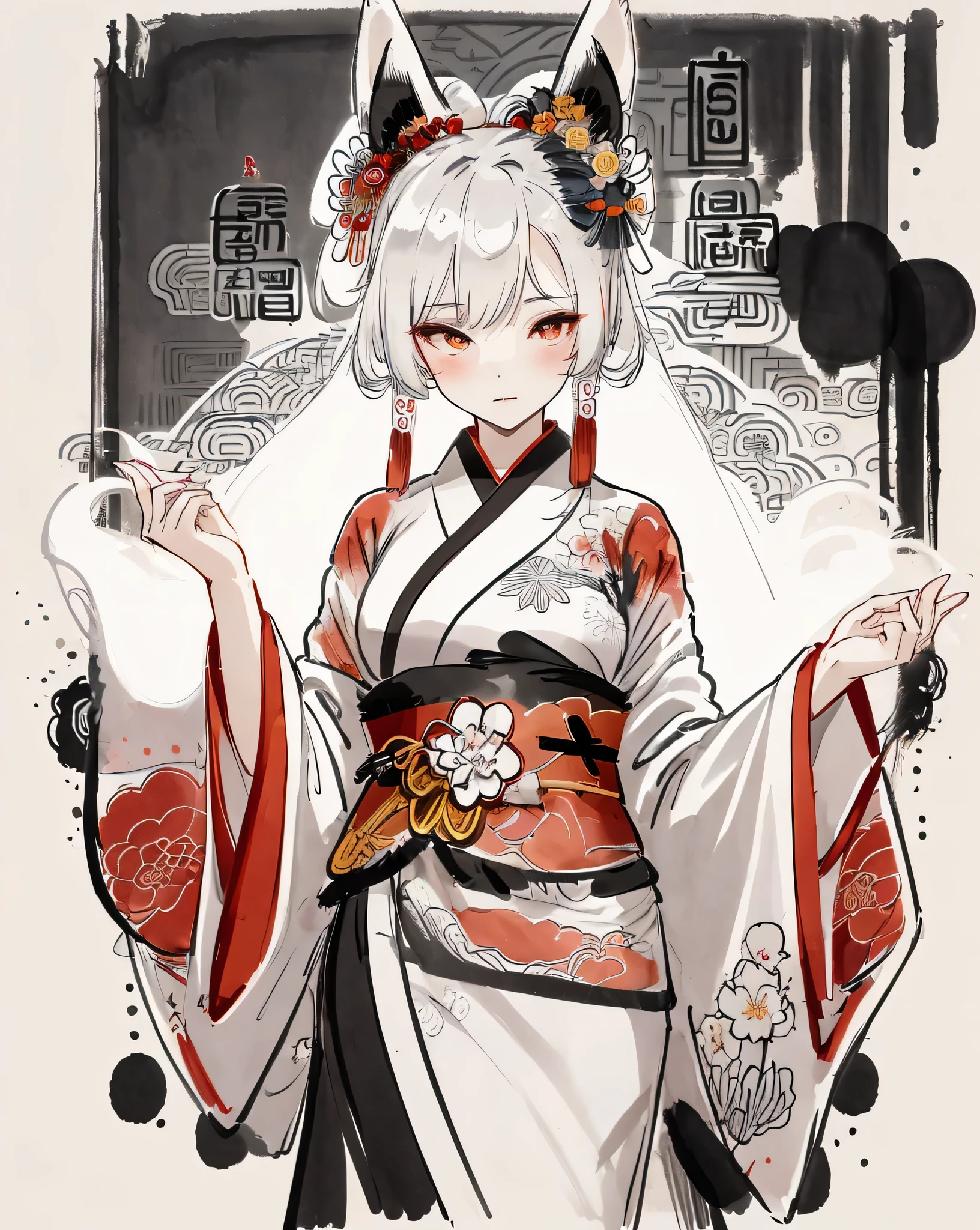 beauty,Ancient Chinese costume:kimono:beautiful柄:in the same way,アジア系beauty,Chinese,perfect face,(Oiran),look sideways,smile,lipstick,fox ears,fox tail:Nine Tails,Bewitching,which one,tied hair:hair ornaments((ink sketch,horn,Draw with lines)),((white,black,red)),be familiar with,anatomically correct,delicate,perfect composition,masterpiece,zentangle,beautiful,ink painting,beautifulwhich oneの姿絵をインクで描きます,which oneの正体はNine Tailsの狐です,妖しくbeautiful,whiteい背景に薄い墨で狐のシルエット,redい桜