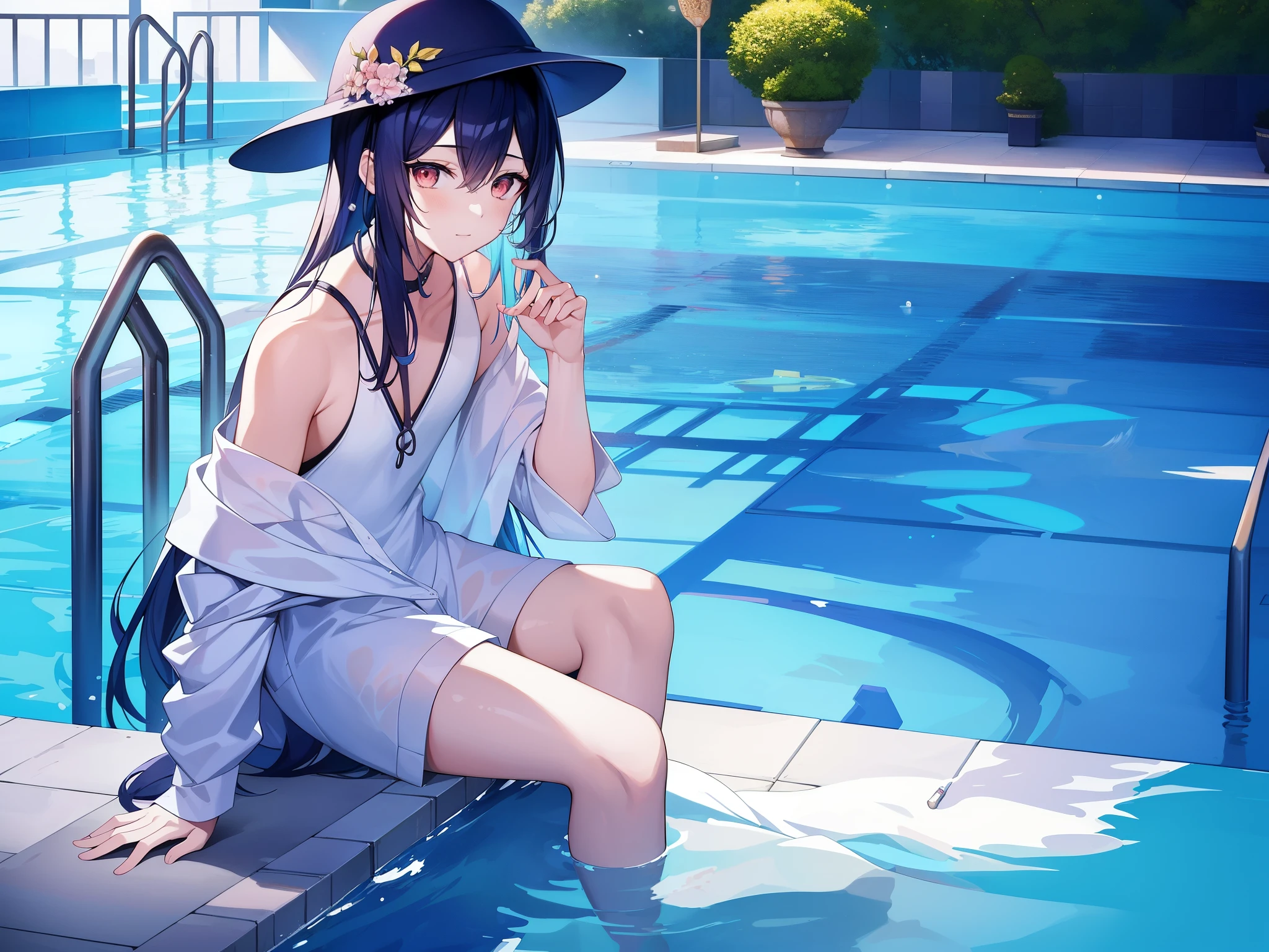 There is a young man wearing a hat and swimming in the pool.、Made by Yumei、beautiful digital artワーク、colorful digital paintings、beautiful artwork illustrations、beautiful digital illustrations、stunning digital illustration、[4K digital art]!!、anime art wallpaper 4k 、anime art wallpaper 4k、Vivid digital painting、beautiful digital art、gorgeous digital art
